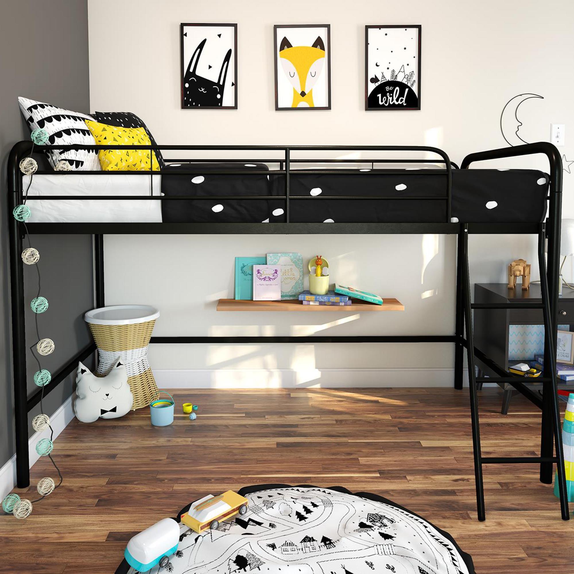 Black Twin Metal Loft Bed with Guard Rails and Ladder