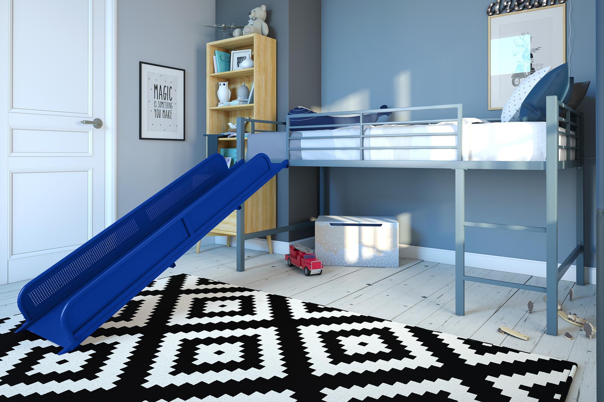 Silver Twin Metal Loft Bed with Blue Slide and Bookcase