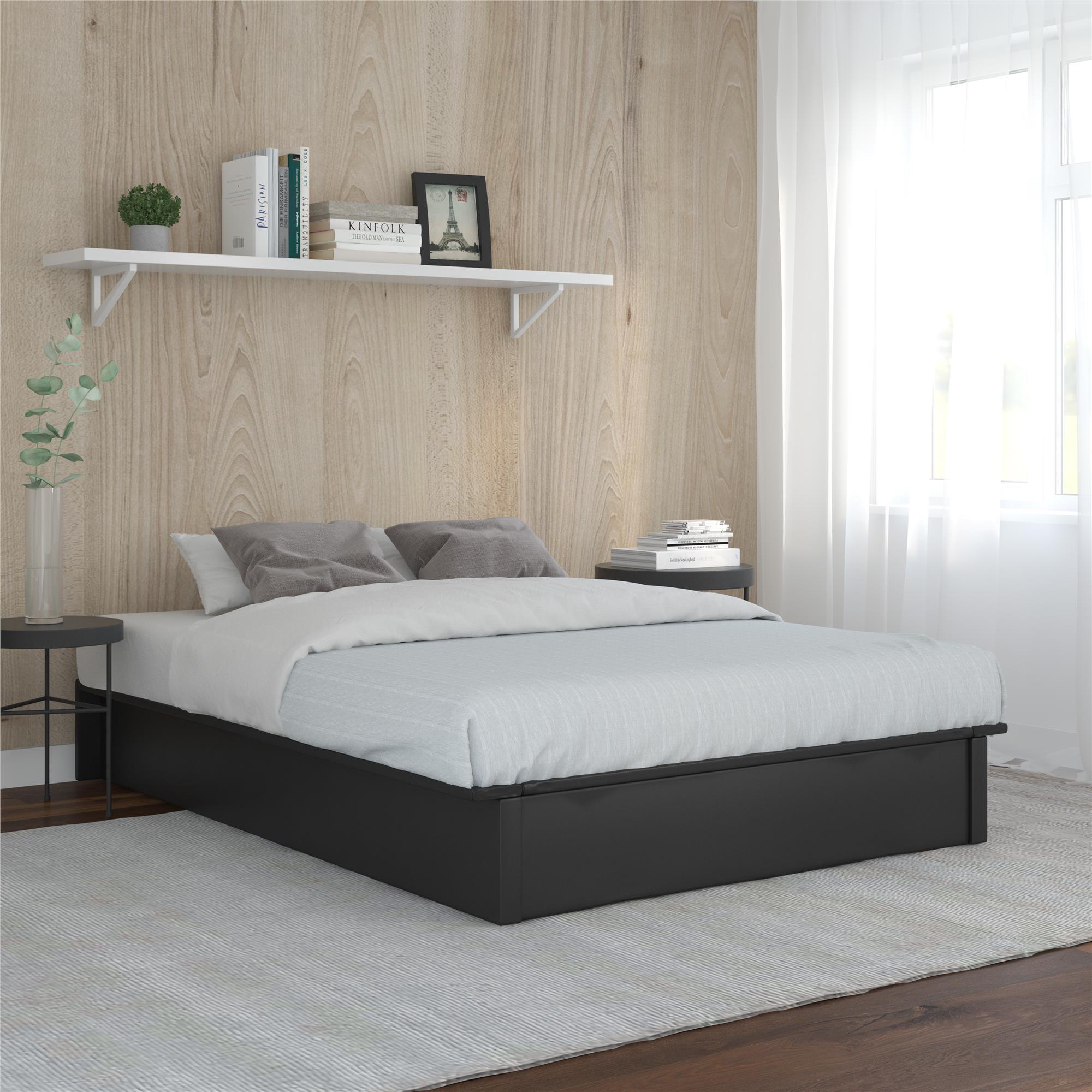 Full Black Faux Leather Upholstered Platform Bed with Slats