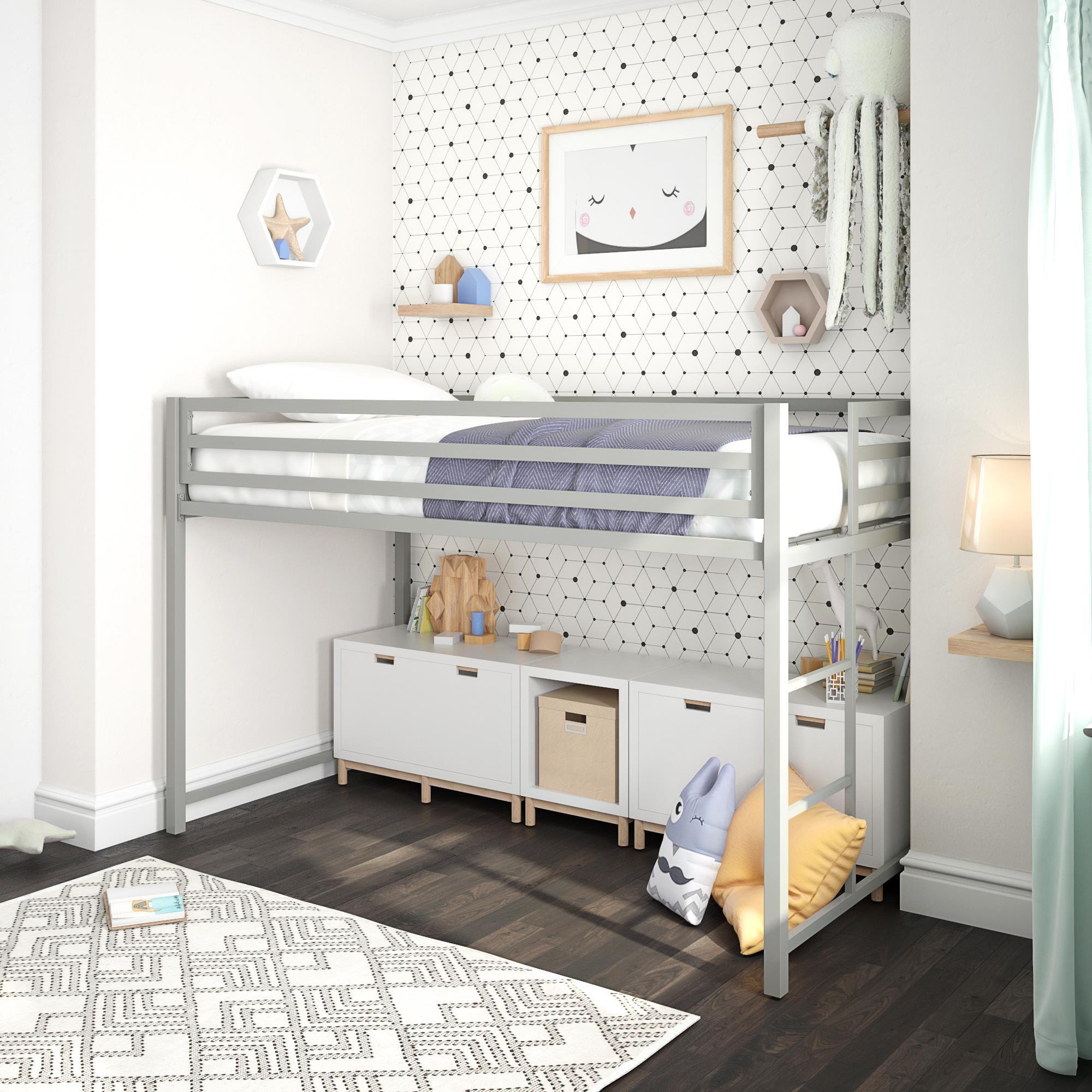 Silver Metal Junior Twin Loft Bed with Ladder and Guardrails