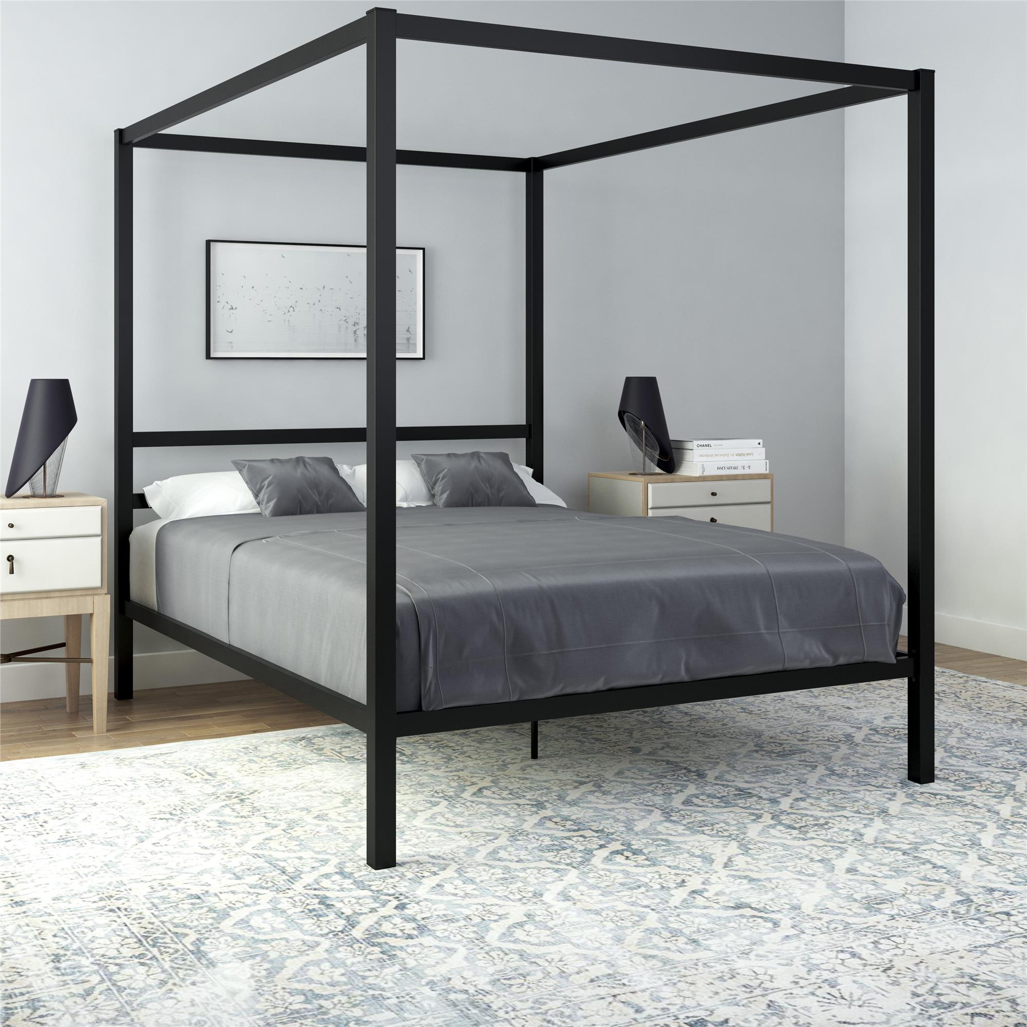 Queen Black Metal Canopy Platform Bed with Headboard and Slats