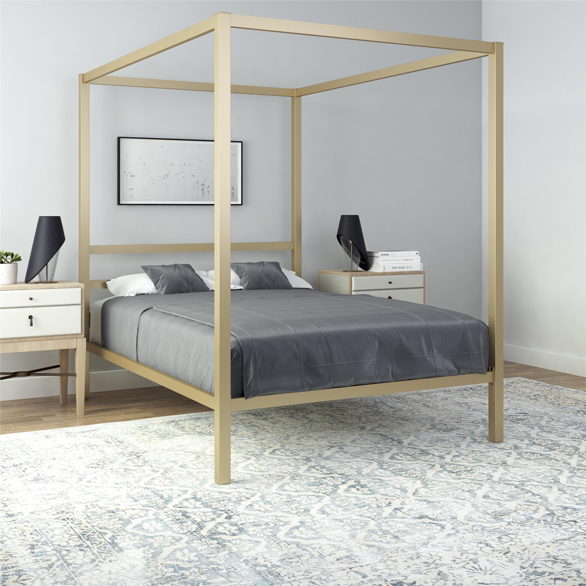 Gold Queen Metal Canopy Platform Bed with Headboard