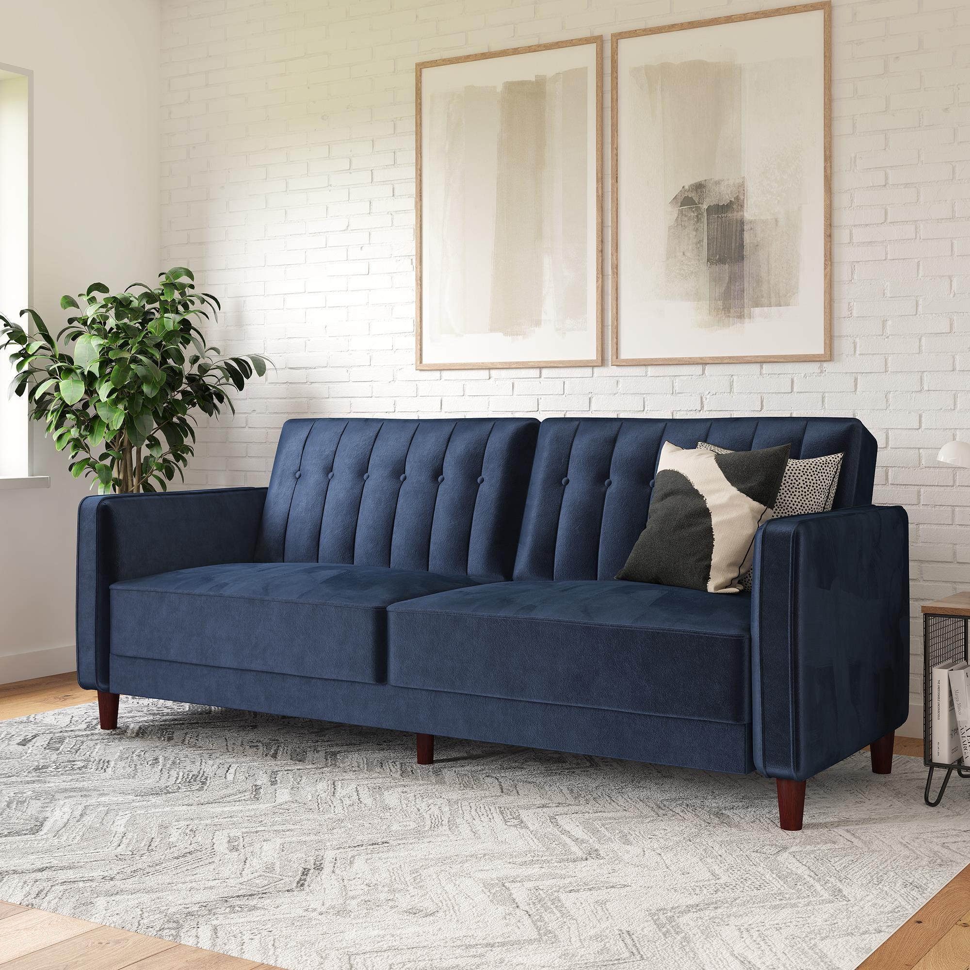 Blue Velvet Tufted Sleeper Sofa with Wood Legs