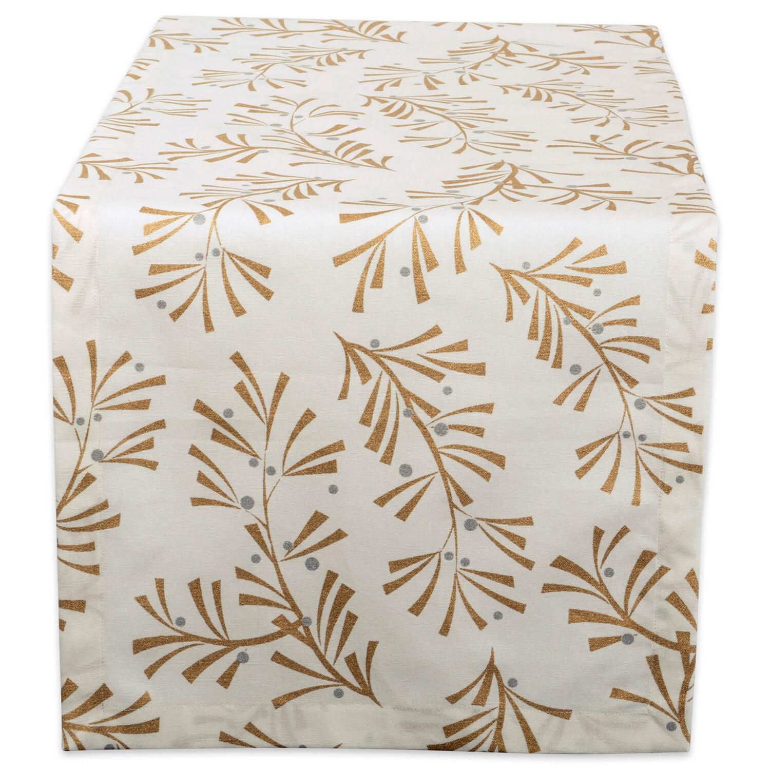 DII 14x108" Modern Cotton Metallic Holly Leaves Table Runner in Gold