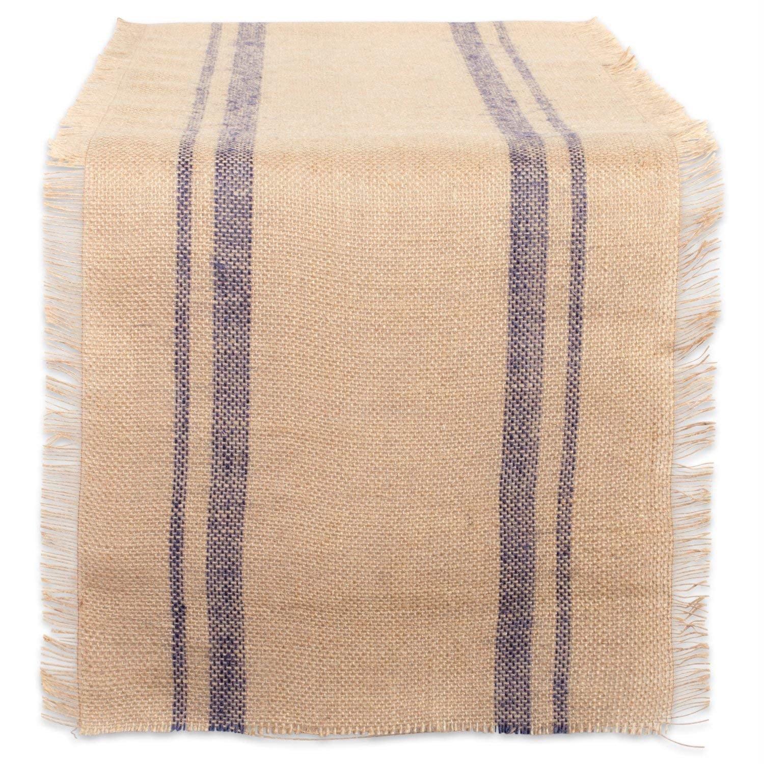 DII 14x72" Fabric Double Border Burlap Table Runner in Beige/French Blue