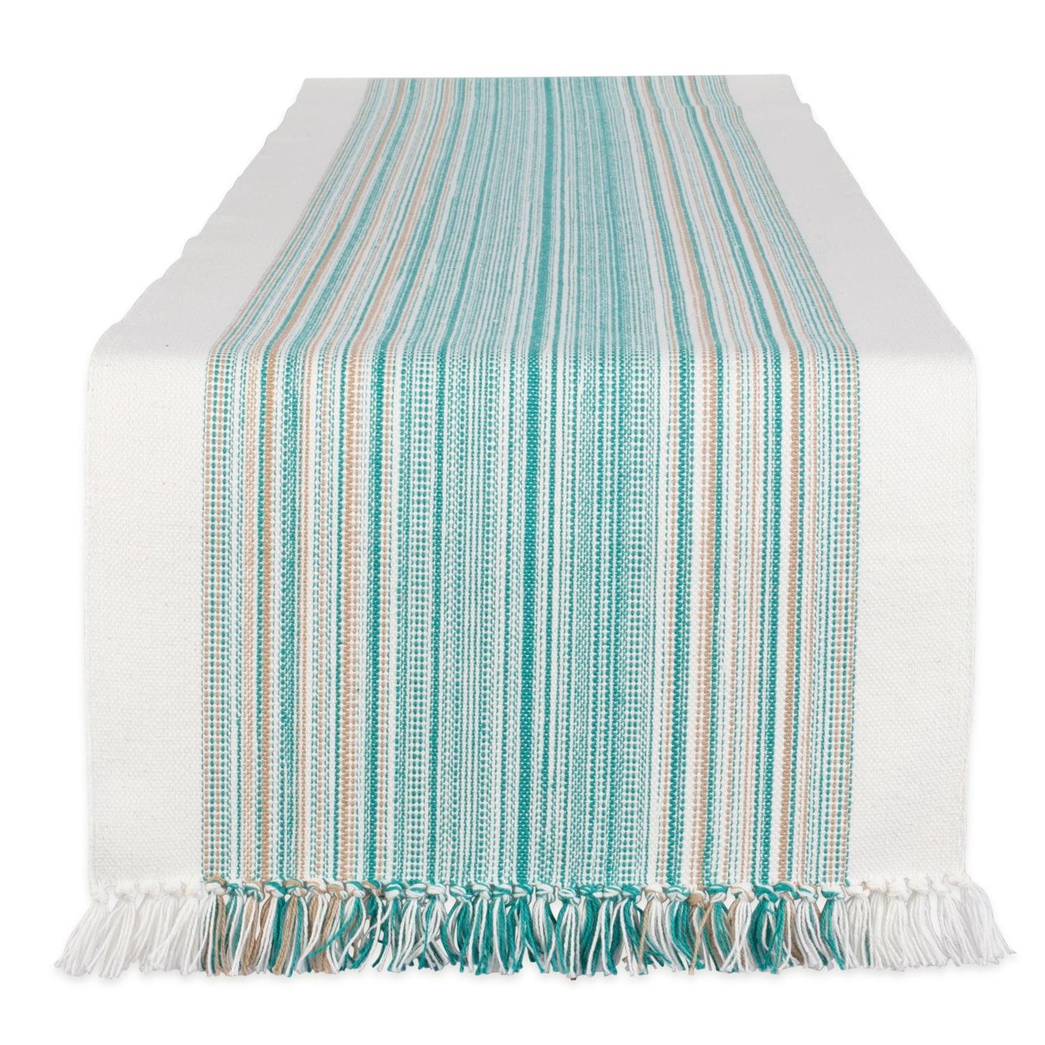 Teal Blue Cotton Striped Fringed Table Runner 14x72"