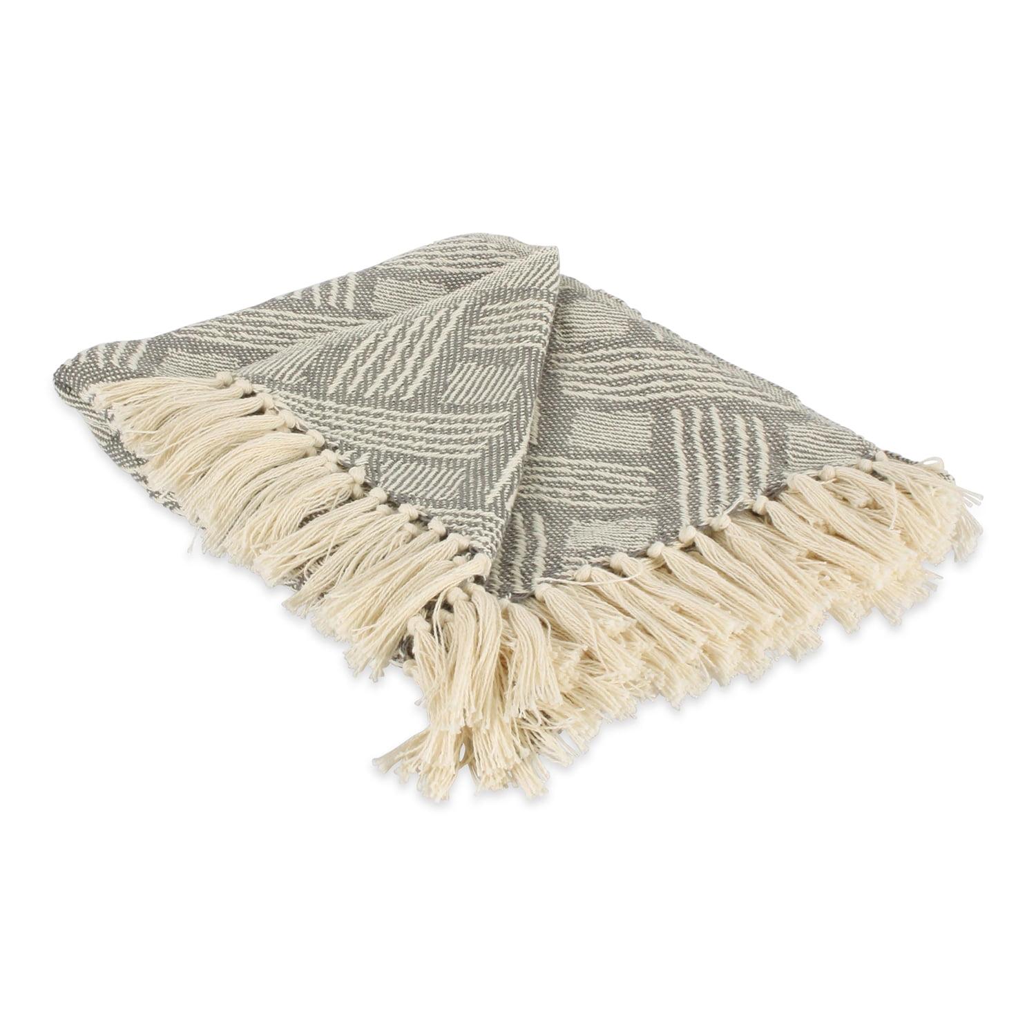 Gray Cotton Basketweave Throw Blanket with Fringe, 50x60