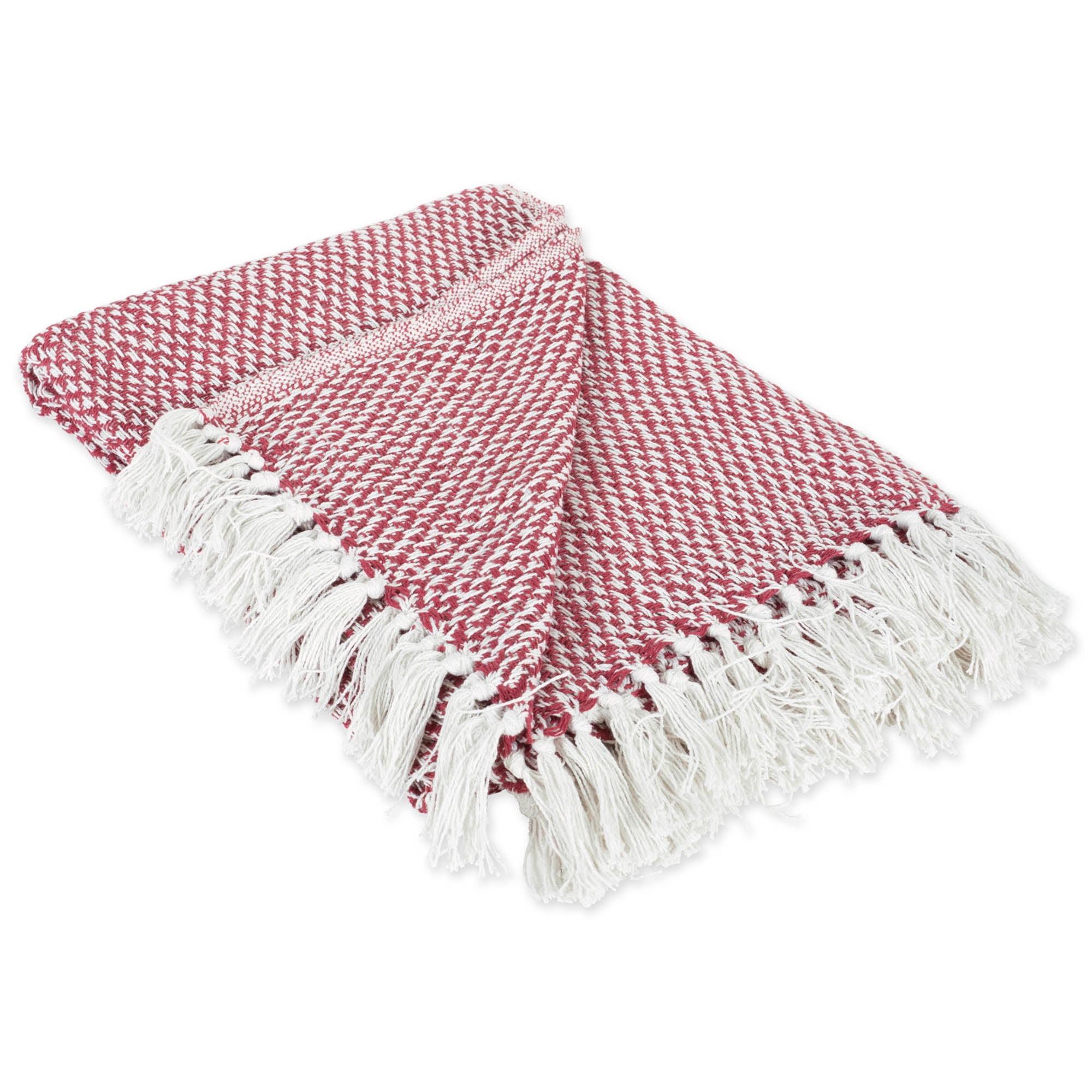 Barn Red Cotton Woven Throw with Sherpa Fringe