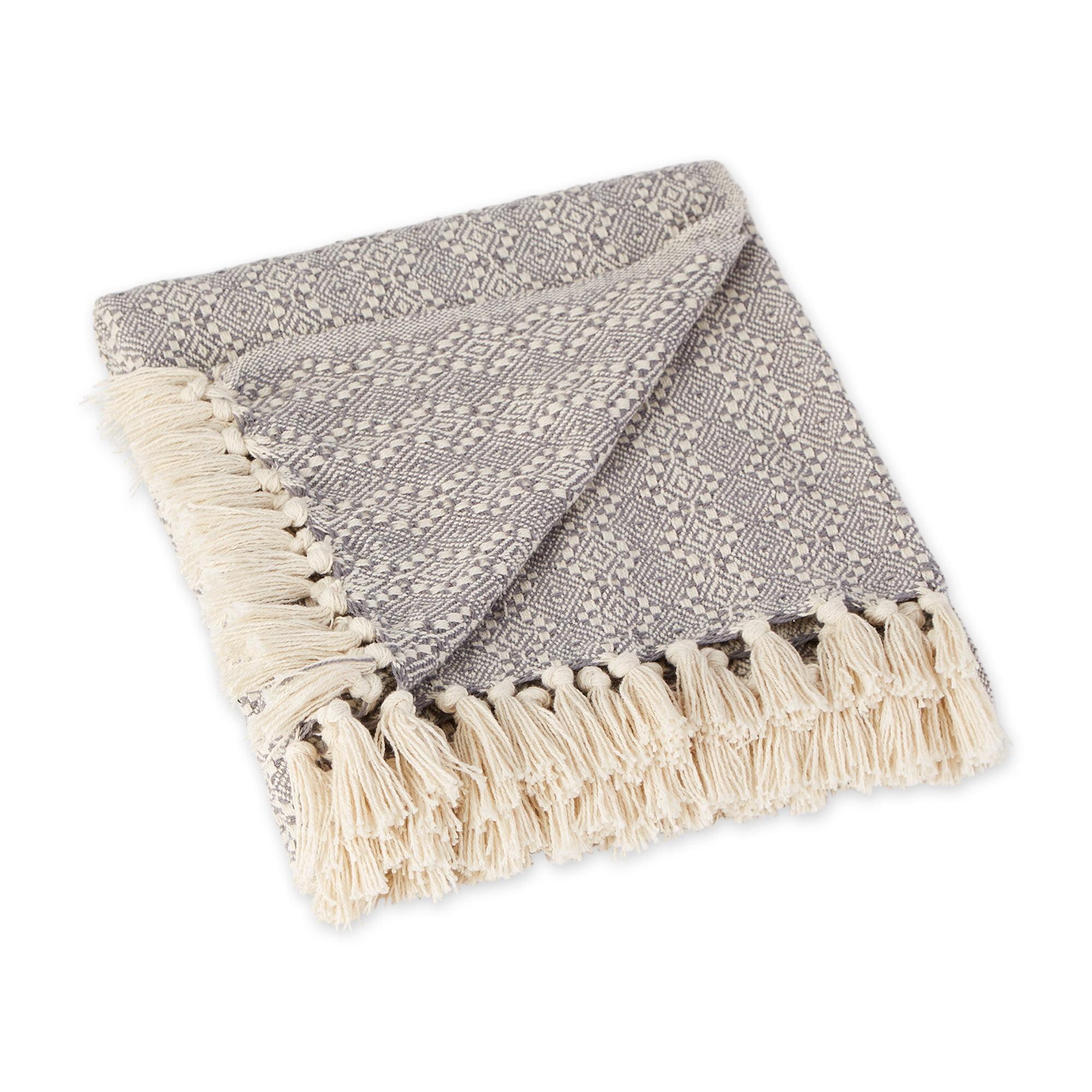 Gray and Ivory Cotton Diamond Throw Blanket with Fringe