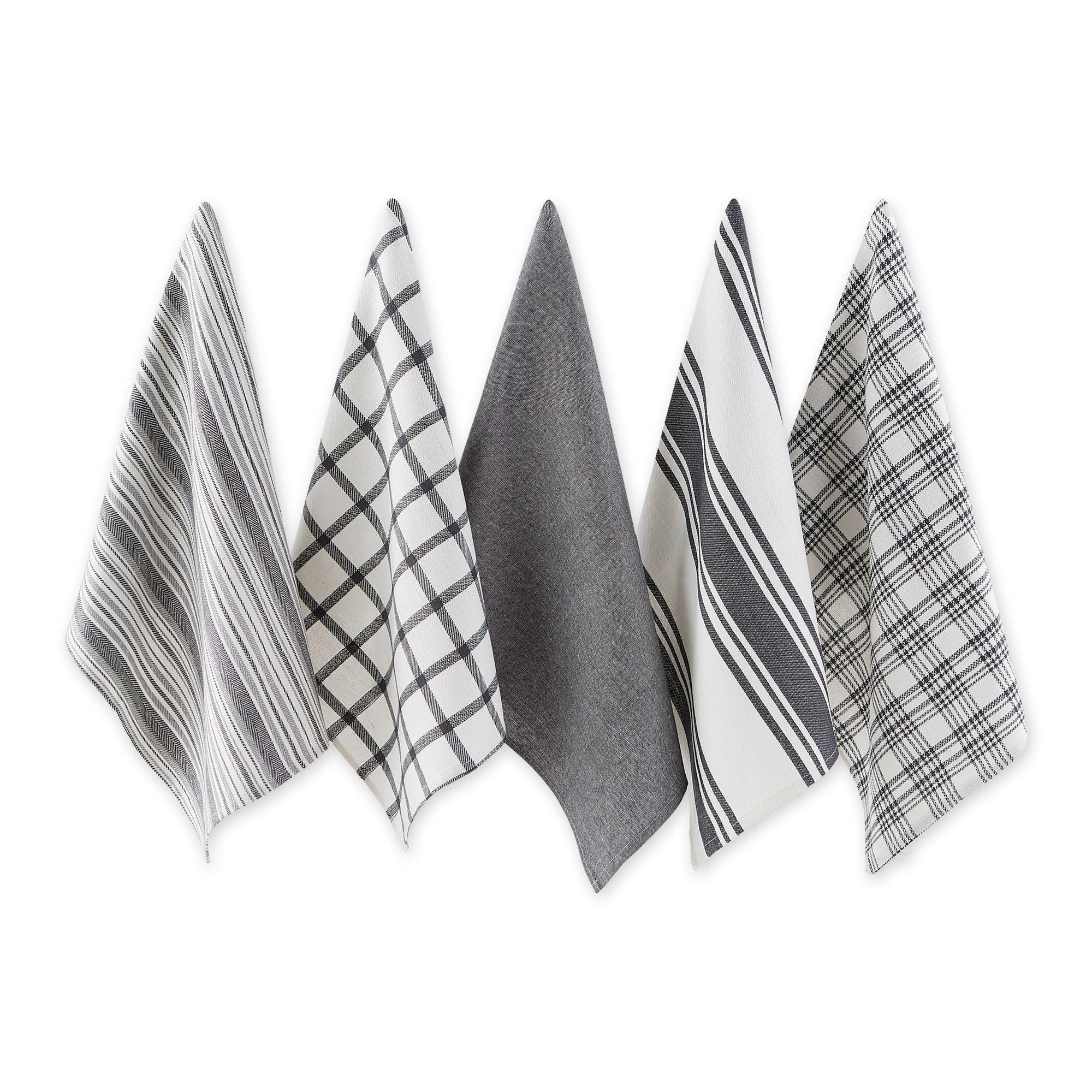 Gray and White Cotton Kitchen Dishtowel Set, 18x28, 5 Piece