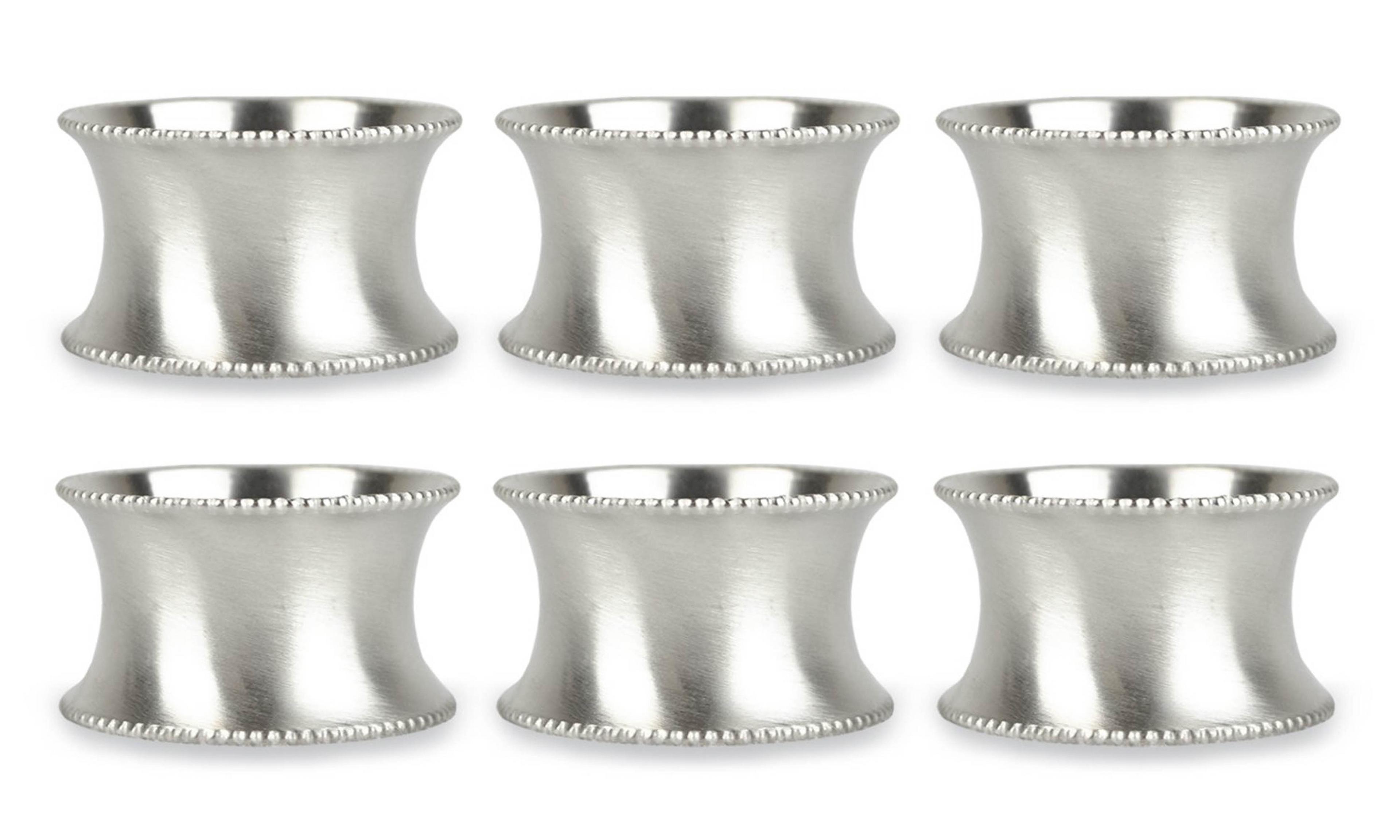 DII Metallic Silver Napkin Ring Set 6 Piece, Beaded Edge