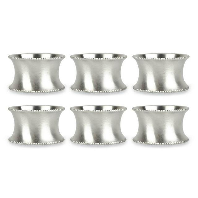 DII Metallic Silver Napkin Ring Set 6 Piece, Beaded Edge