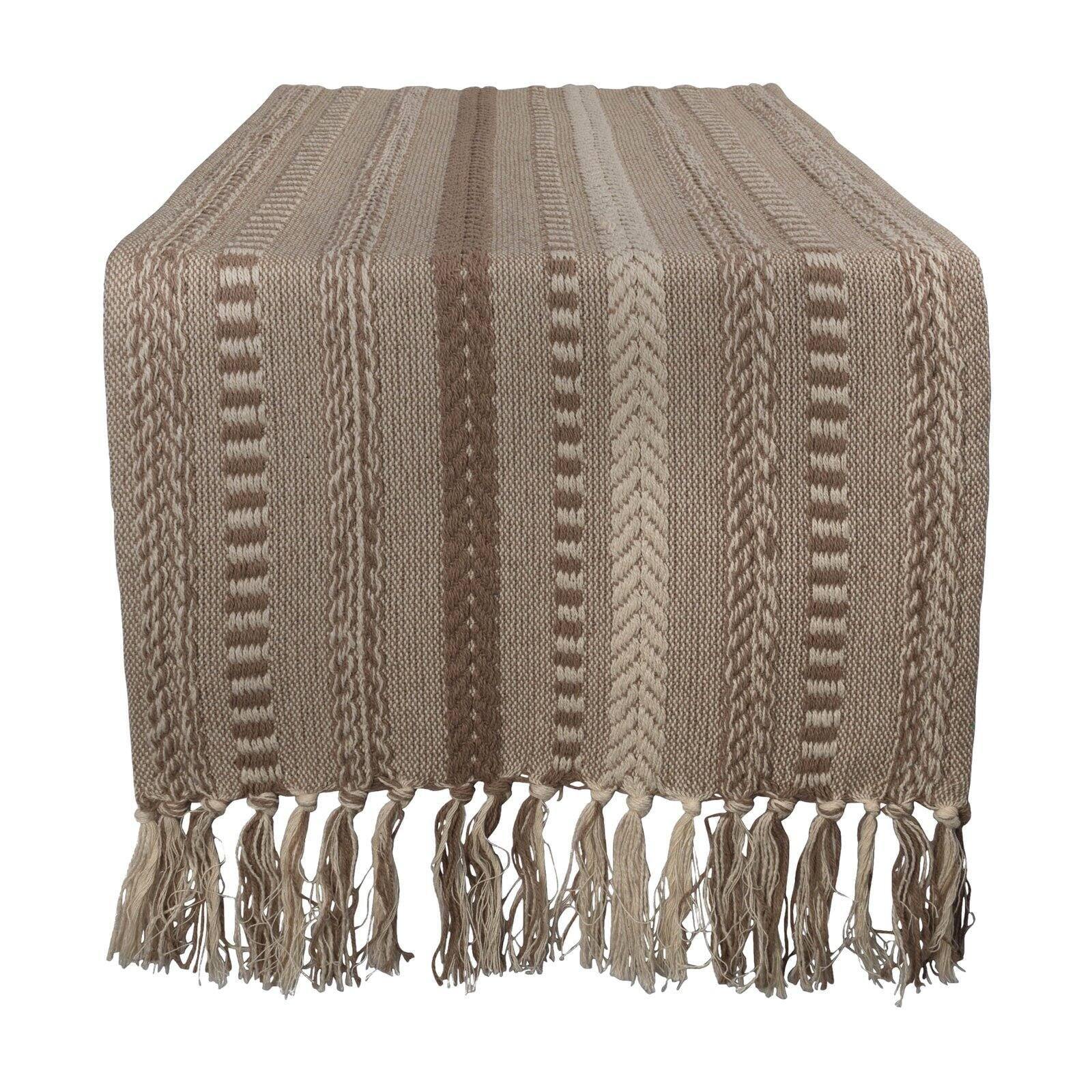 DII Farmhouse Braided Stripe Table Runner Collection, 15x72 (15x77, Fringe Included), Stone