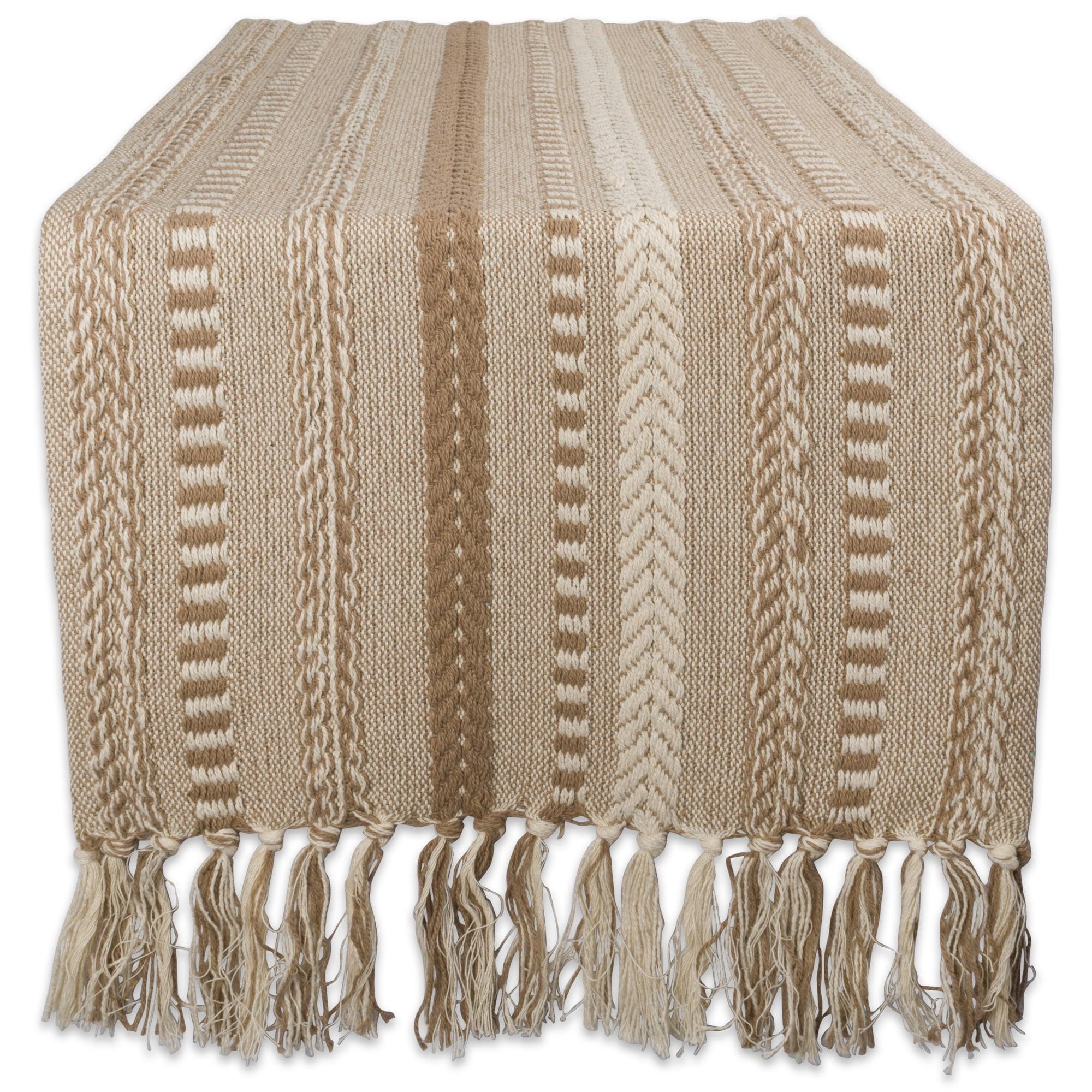 Design Imports  Braided Stripe Jacquard Fringe Table Runner, 15X72", Stone