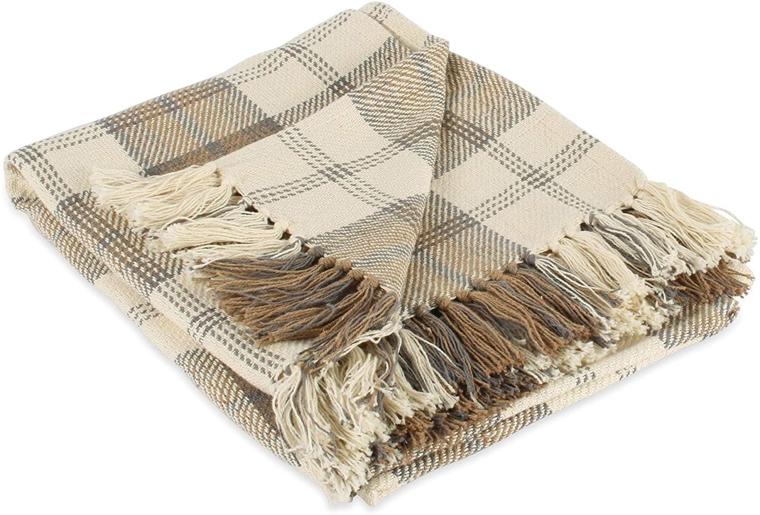 Farmhouse Plaid Throw 50x60" with 3" Fringe, Stone