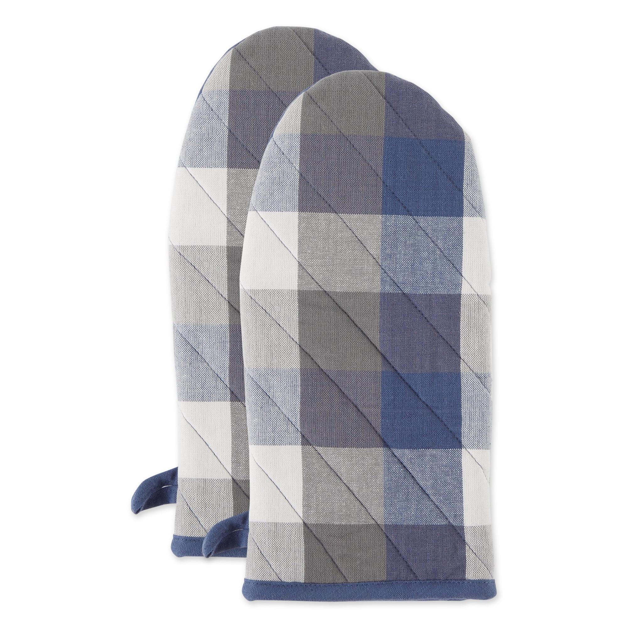 French Blue and Gray Checkered Cotton Oven Mitt Set