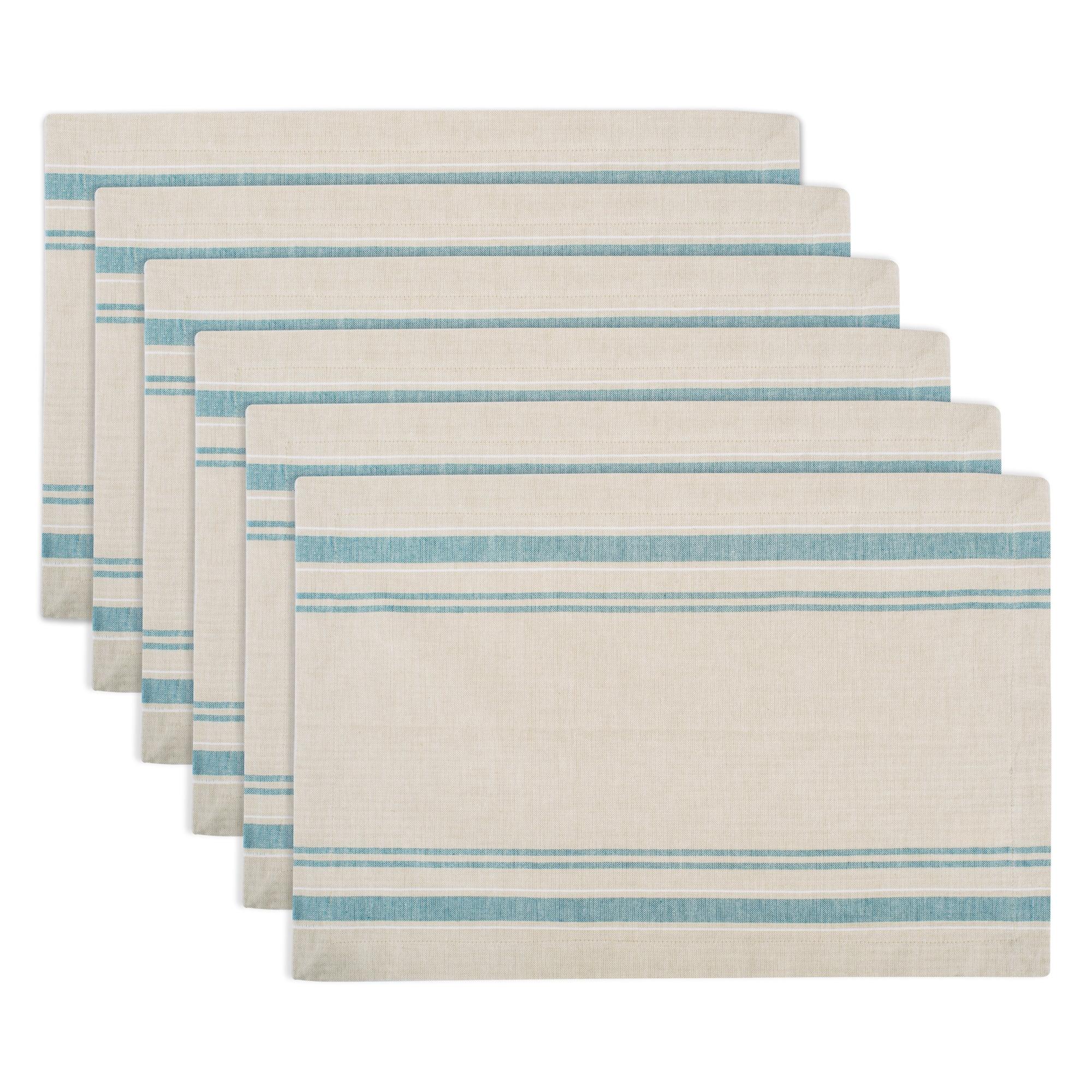 DII French Stripe Placemat Set 6 Piece, Taupe/Teal, 13x19"