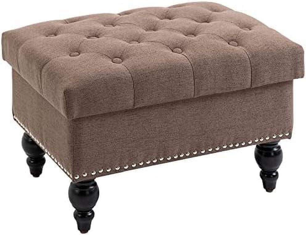 HOMCOM 25" Storage Ottoman with Removable Lid, Button-Tufted Fabric Bench for Footrest and Seat with Wood Legs, Coffee