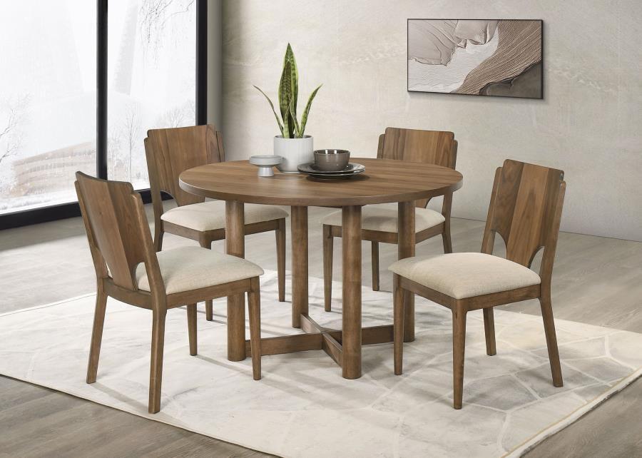 Walnut Round Wood Dining Table Set with Beige Upholstered Chairs