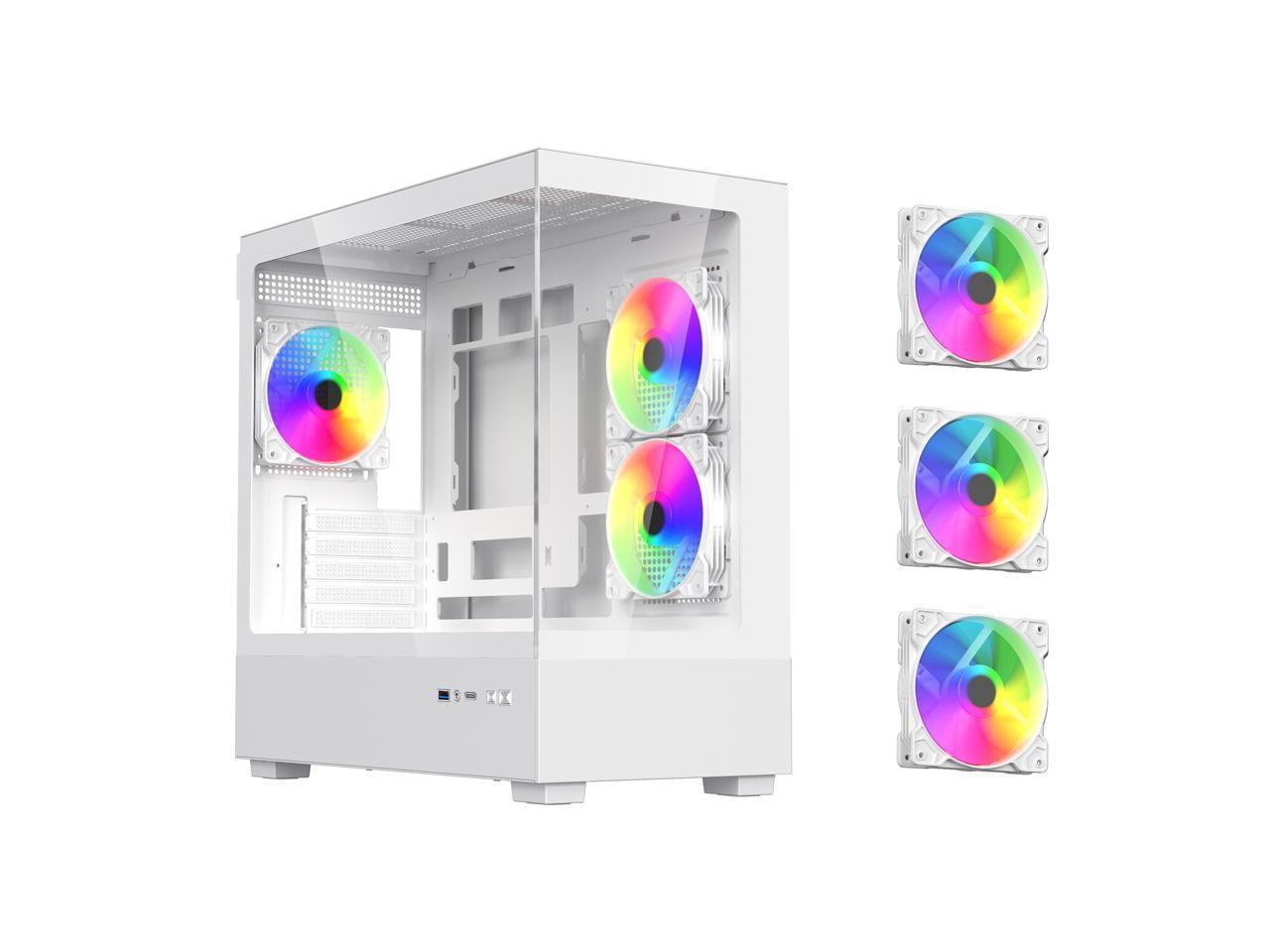 DIYPC ARGB-N1-W White USB3.0 /Type C Micro ATX Gaming Computer Case w/ Frameless Dual Tempered Glass Panel and 3 x ARGB 120mm Fans (Pre-Installed). Support 4090TI GPU and 360mm AIO