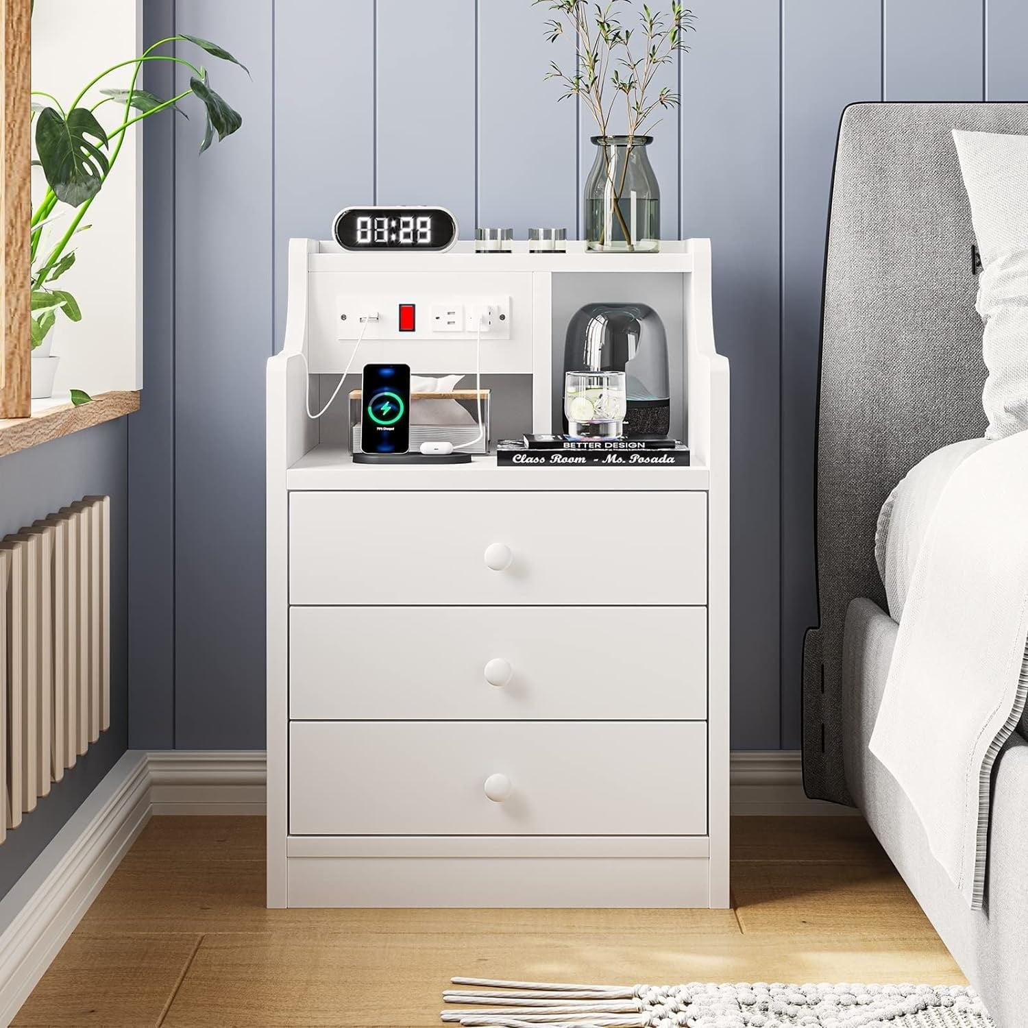 Night Stand with Hutch and 3 Drawers ,Nightstand with Charging Station and LED Lights,Modern End Side Table for Bedroom,White