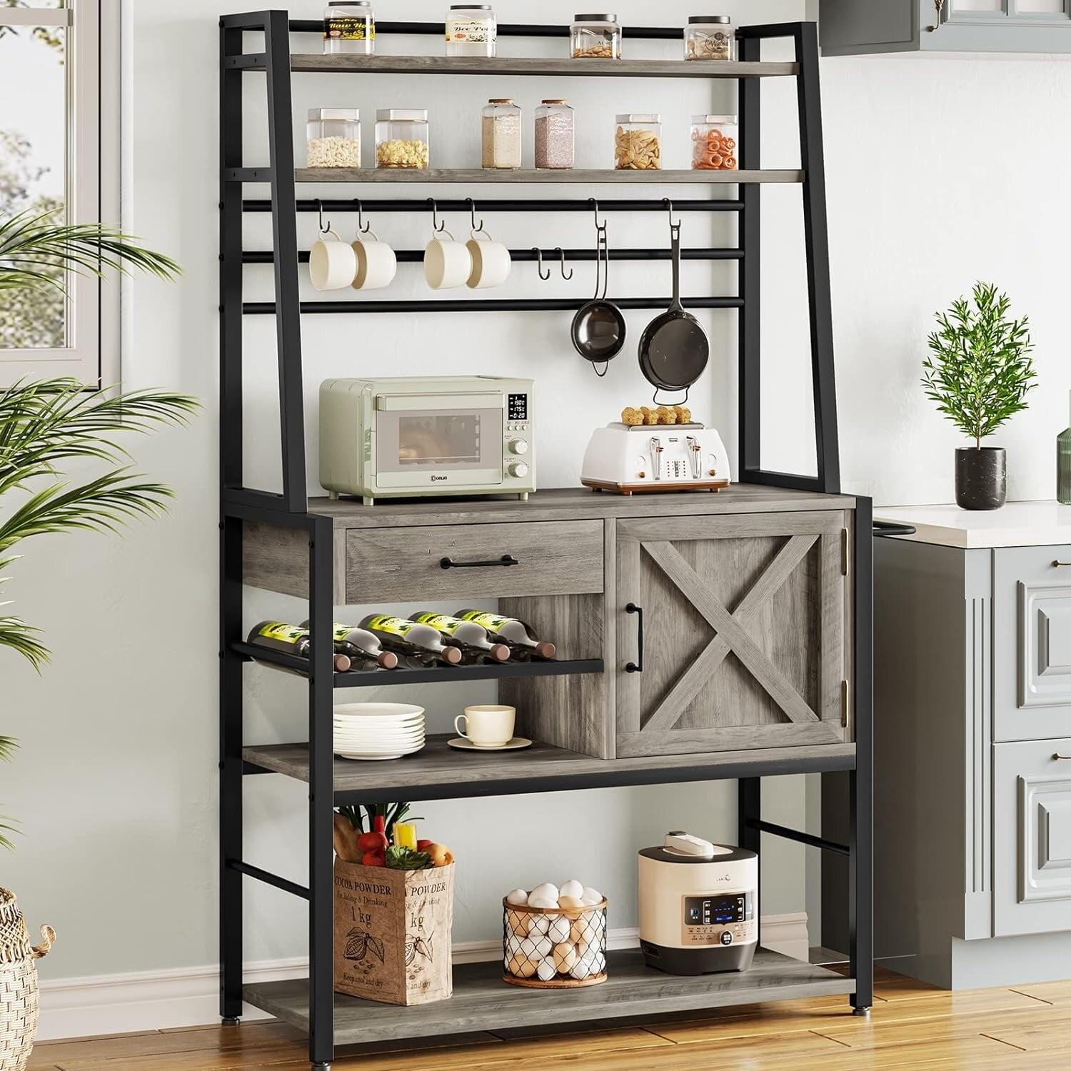 Gray Driftwood Farmhouse Baker's Rack with Wine Storage and Hooks