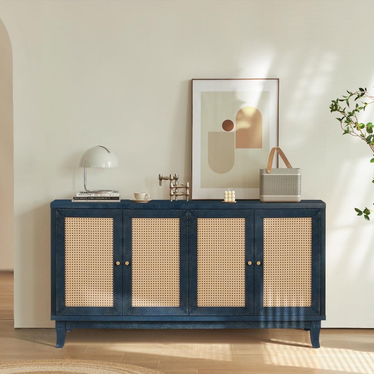 DKYNDSYN Rattan Sideboard Buffet Cabinet with 4 Doors & Adjustable Shelves Modern Storage Cupboard Console Table for Dining Room Living Room Bedroom Hallway Entryway, Antique Navy Blue