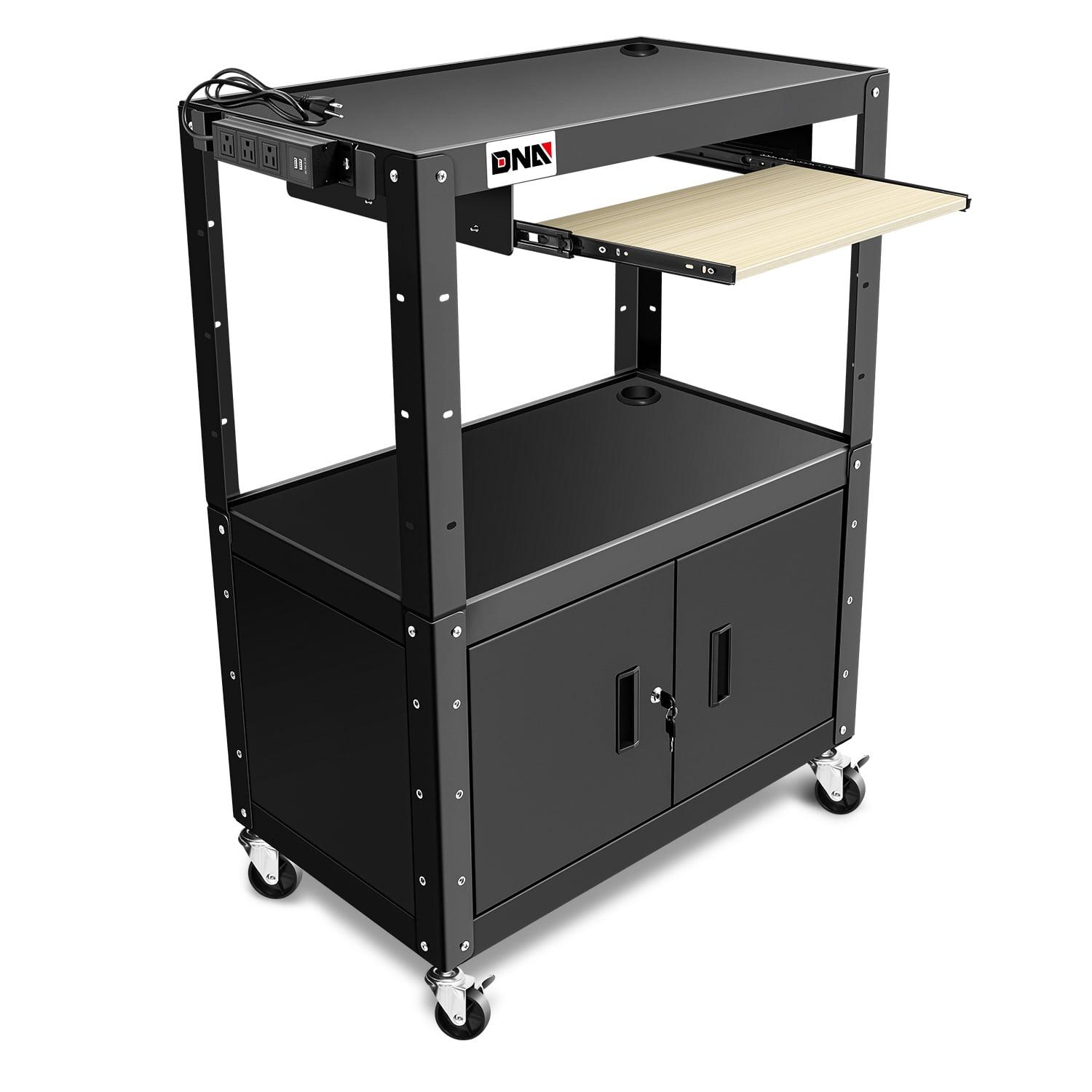 Black Adjustable Steel AV Cart with Storage Cabinet and Power Strip