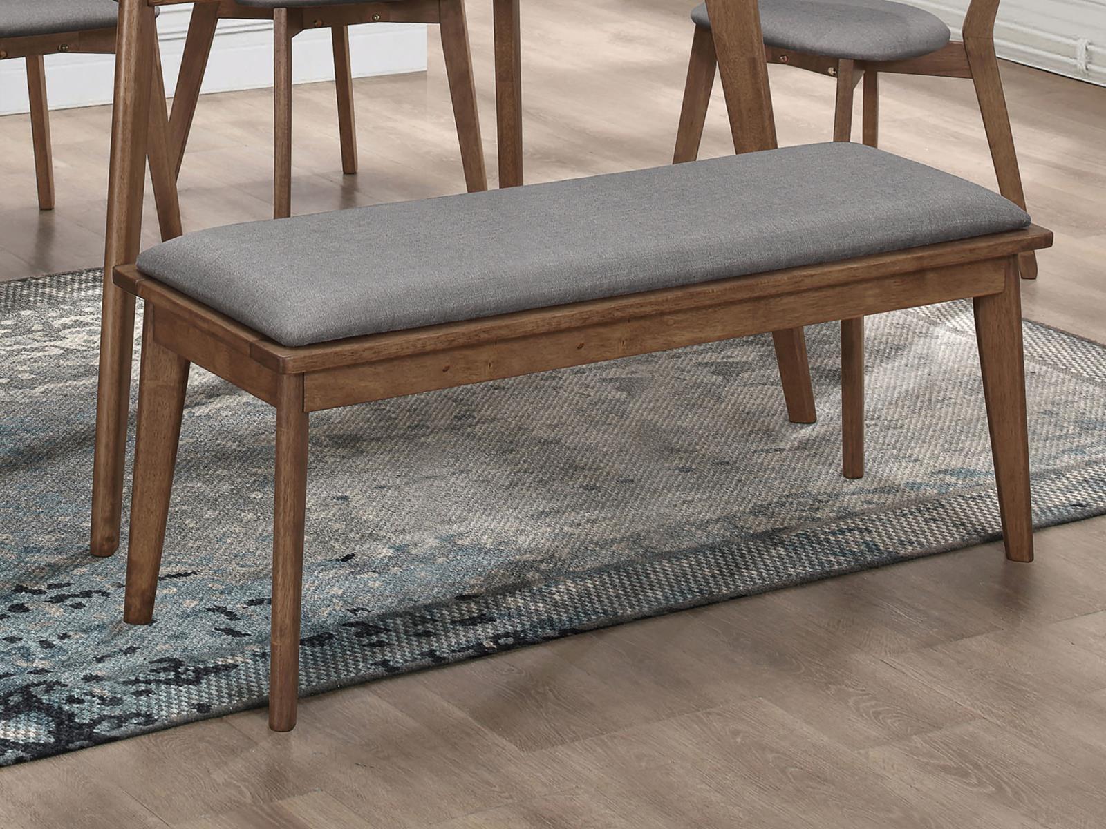 Retro-Inspired Gray Upholstered Dining Bench with Natural Walnut Legs