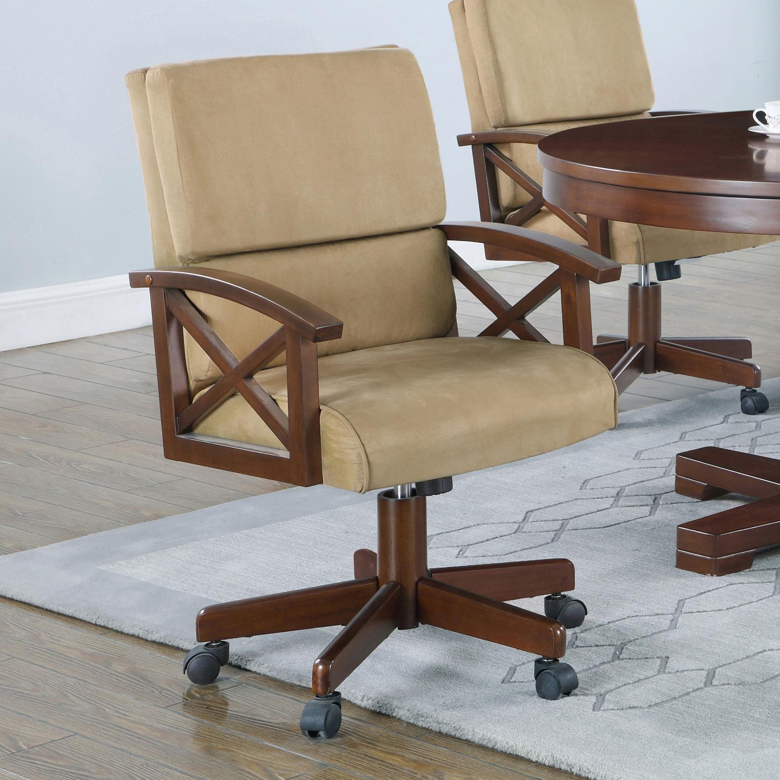 Beige and Tobacco Upholstered Game Chair with Casters