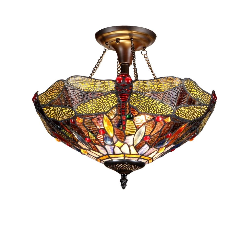 Chloe Lighting Dragan Tiffany-Style 2 Light Dragonfly Semi-Flush Ceiling Fixture 16" Shade