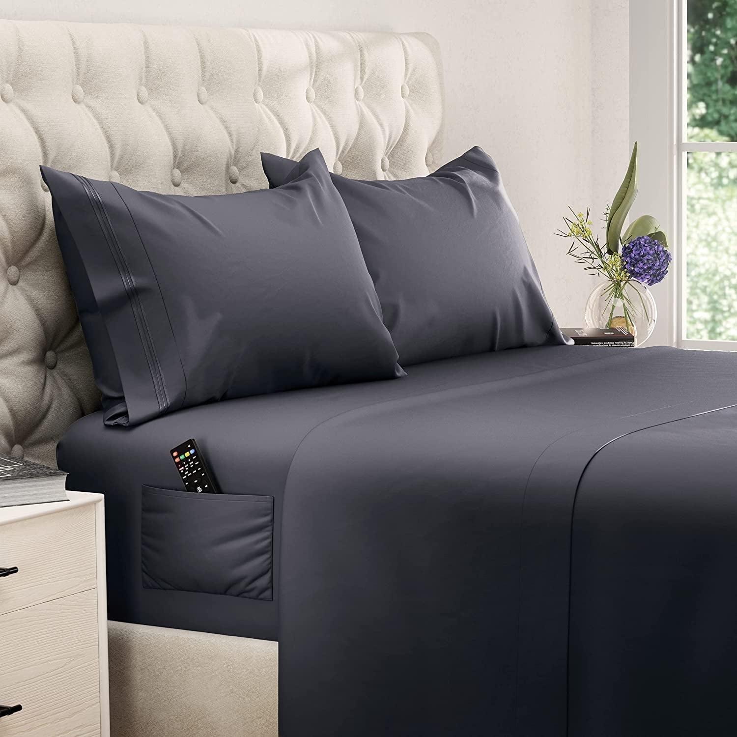 DREAMCARE - Bed Sheets Set - Queen Size Sheet with Side Pocket - 4pcs Set, 15 inches, Dark Gray