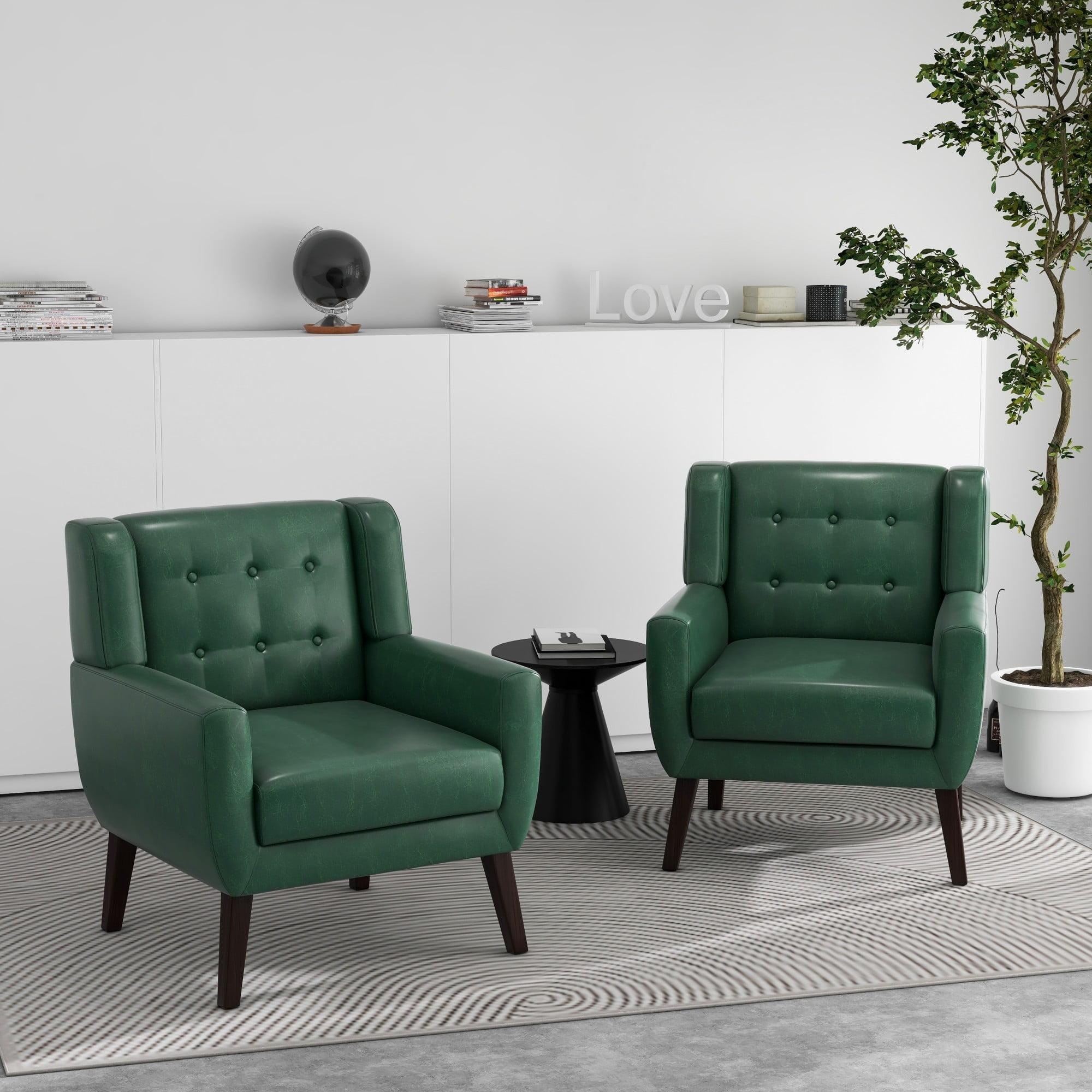 DREAMSIDEA Faux Leather Accent Chairs Set of 2 for Living Room Morden Upholstered Armchair Green Chairs for Bedroom