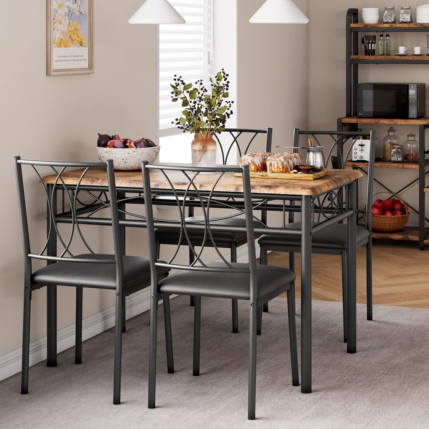 Dining Room Table Set Kitchen Table for 4, Wooden Kitchen Table and 4 Upholstered Chairs or 4 Metal and Wood Chairs