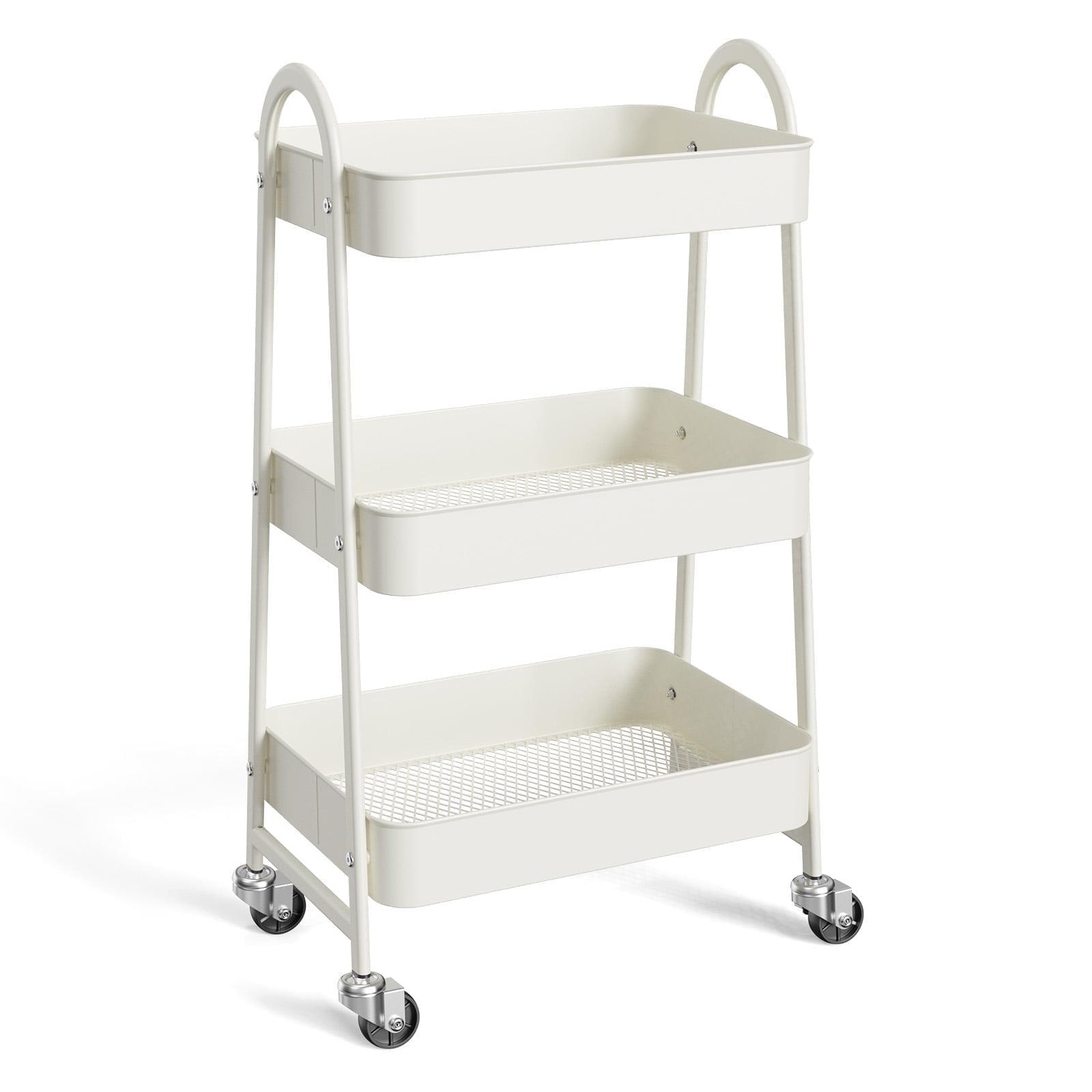 ZUNMOS 3 Tier Utility Rolling Cart, Metal Mobile Storage Cart with Lockable Caster Wheels, Storage Shelves Organizer Cart for Livingroom, Bathroom, Kitchen, & Narrow Places, White