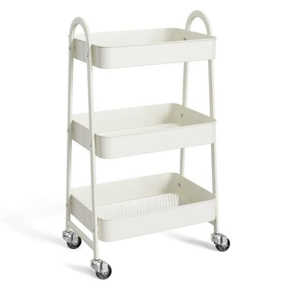 ZUNMOS 3 Tier Utility Rolling Cart, Metal Mobile Storage Cart with Lockable Caster Wheels, Storage Shelves Organizer Cart for Livingroom, Bathroom, Kitchen, & Narrow Places, White