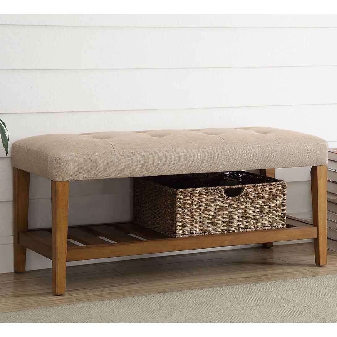 Beige and Oak Tufted Padded Seat Bench with Storage Shelf