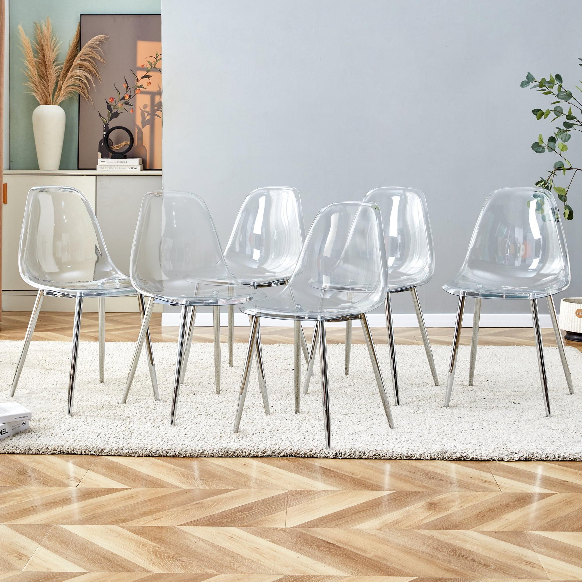 Dining Room Seating Modern minimalist transparent dining chair, plastic chair, armless crystal chair, Nordic creative makeup stool, negotiation chair, silver plated metal leg 6-piece set, TW-1200,Kit