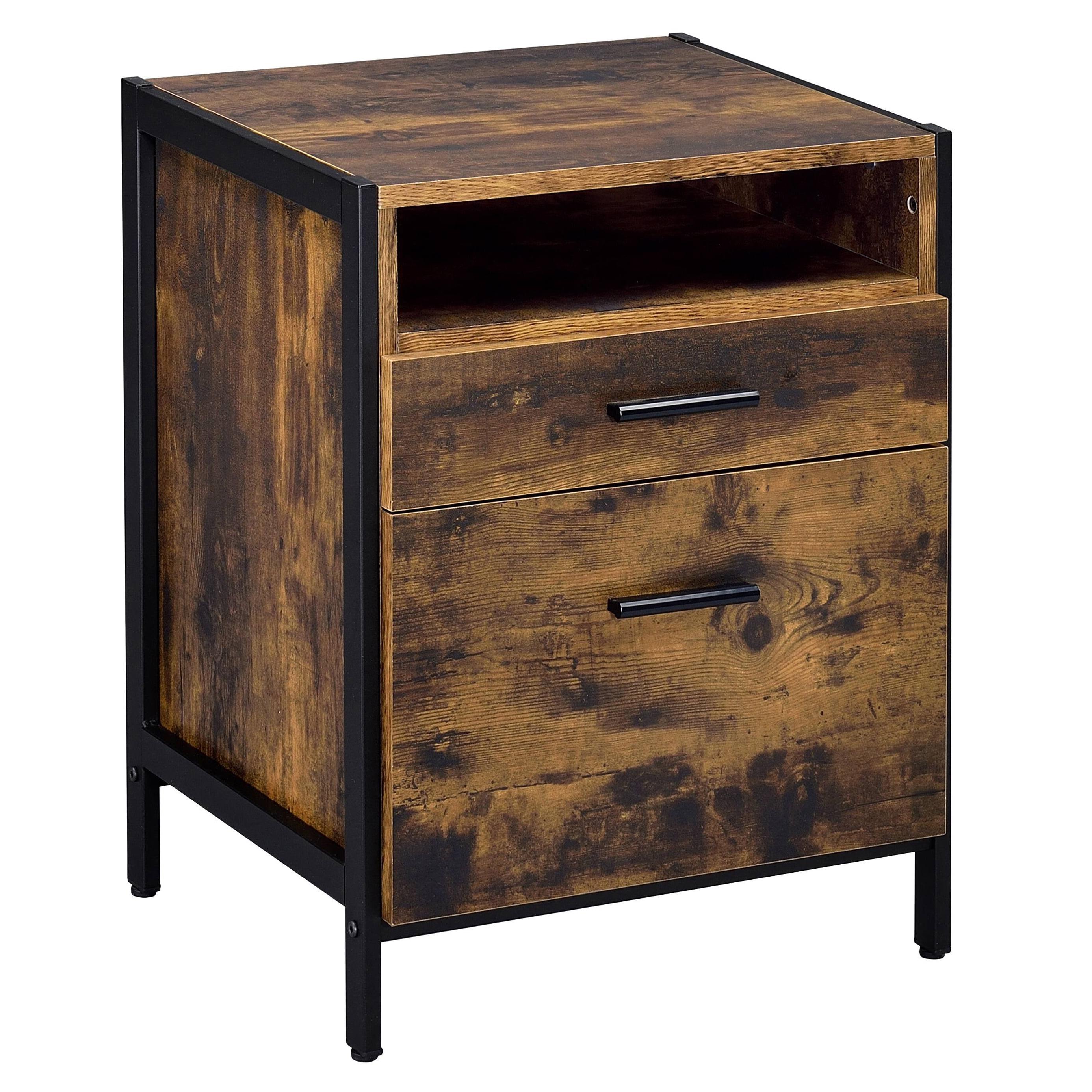 Rustic Oak and Black 2-Drawer Nightstand with Open Shelf