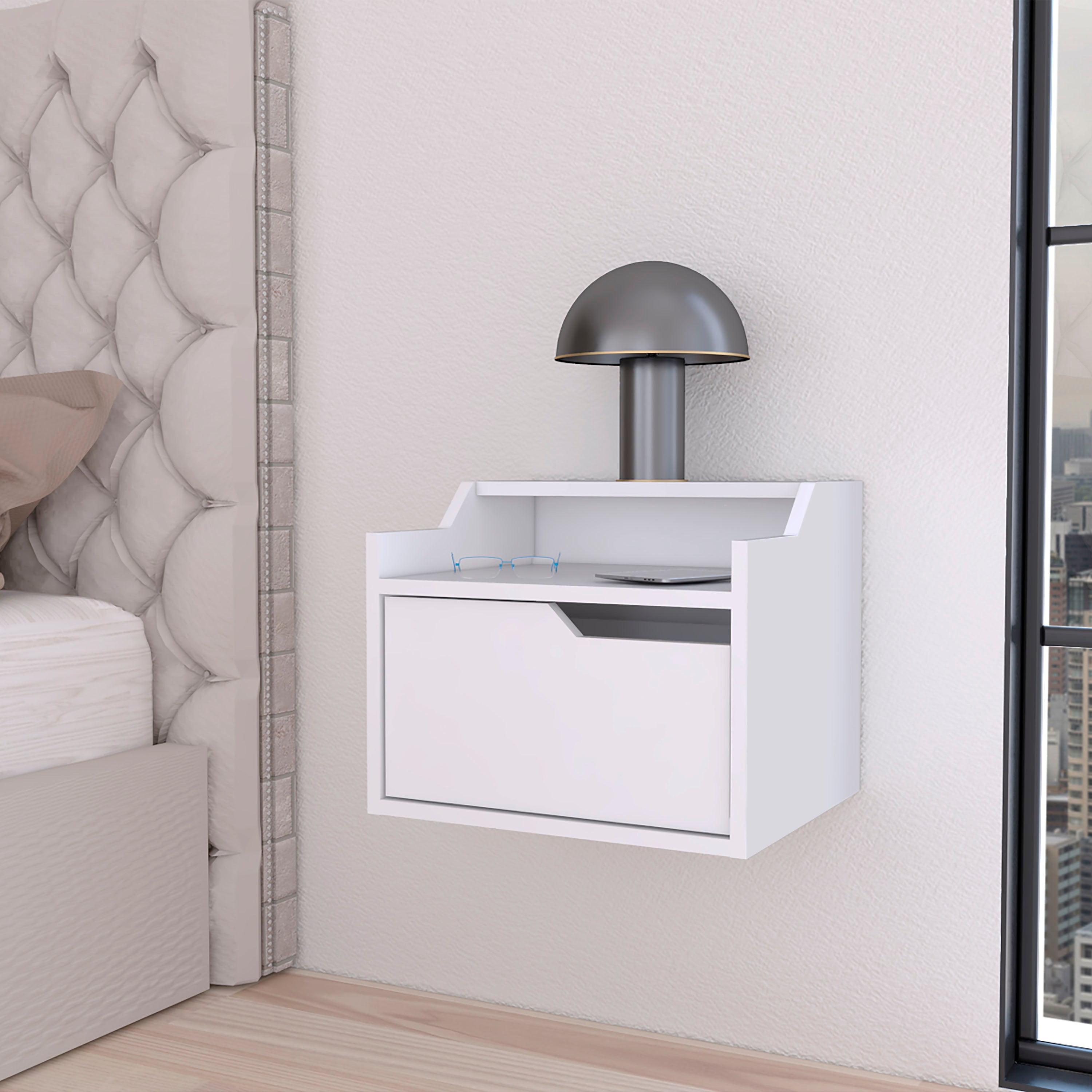 Floating Nightstand – 15.7" Wide Wall-Mounted Shelf – Dual Display Shelves + Hidden Drawer – Space-Saving Modern Design