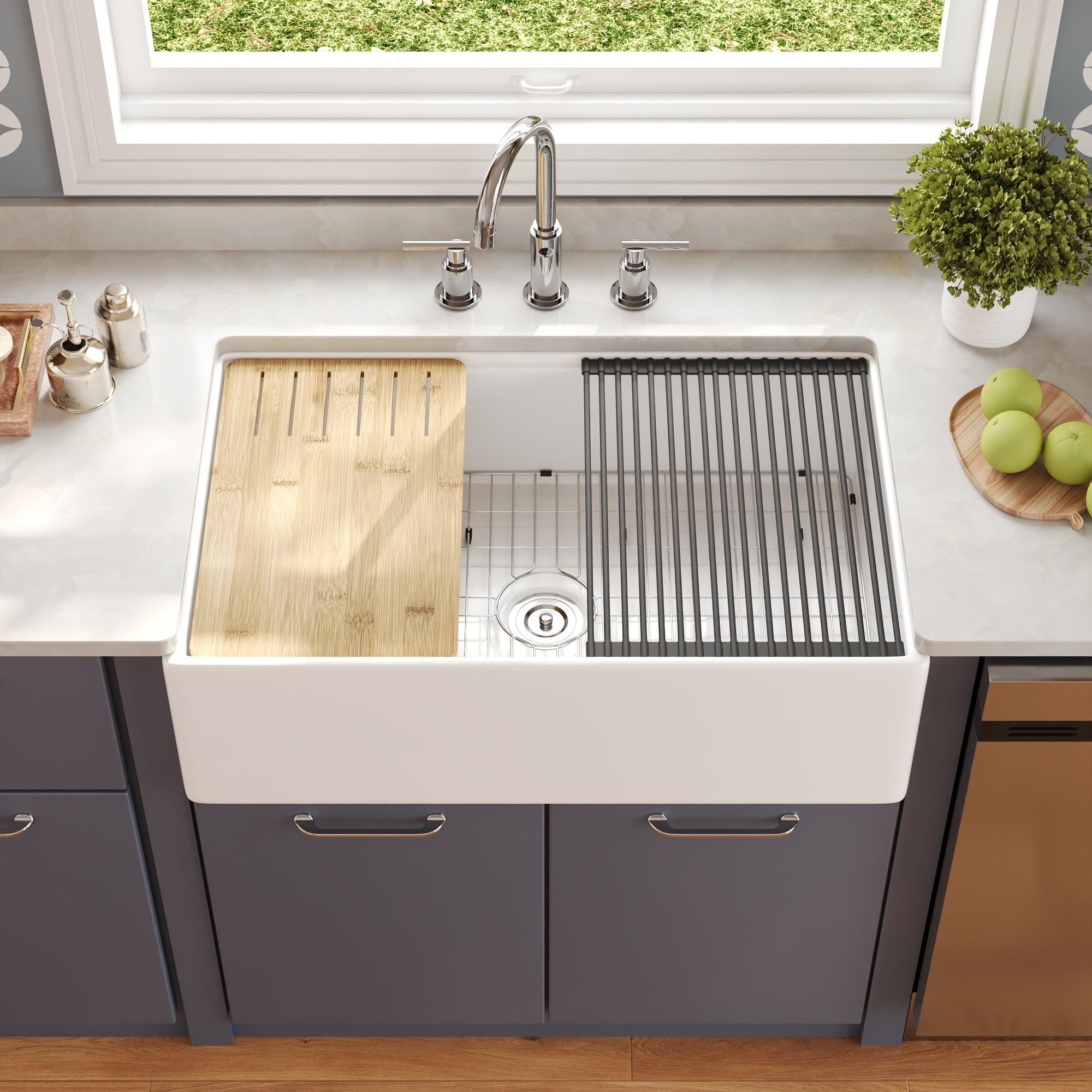 33"L x 20"W Farmhouse Kitchen Sink Deep Single Bowl Fireclay Workstation Sink with Cutting Board and Dish Drying Rack