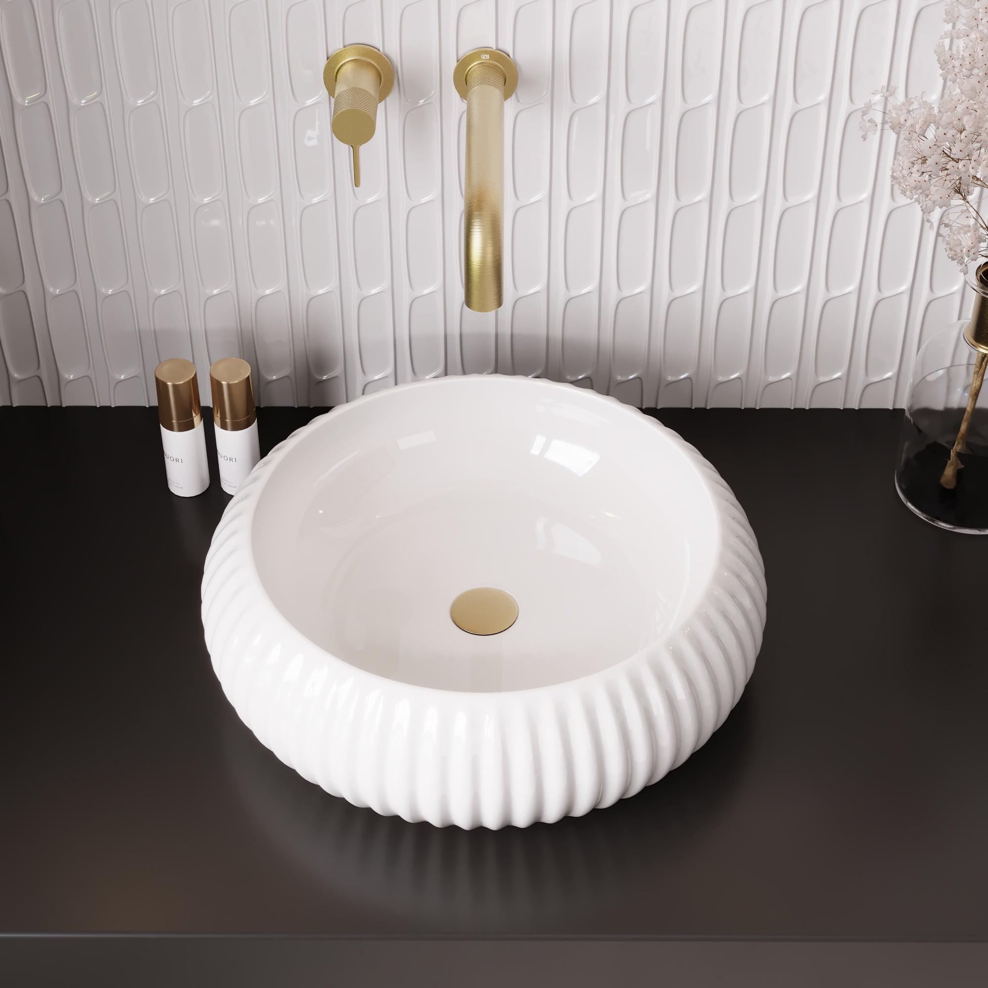 16" White Ceramic Circular Vessel Sink with Fluted Sides