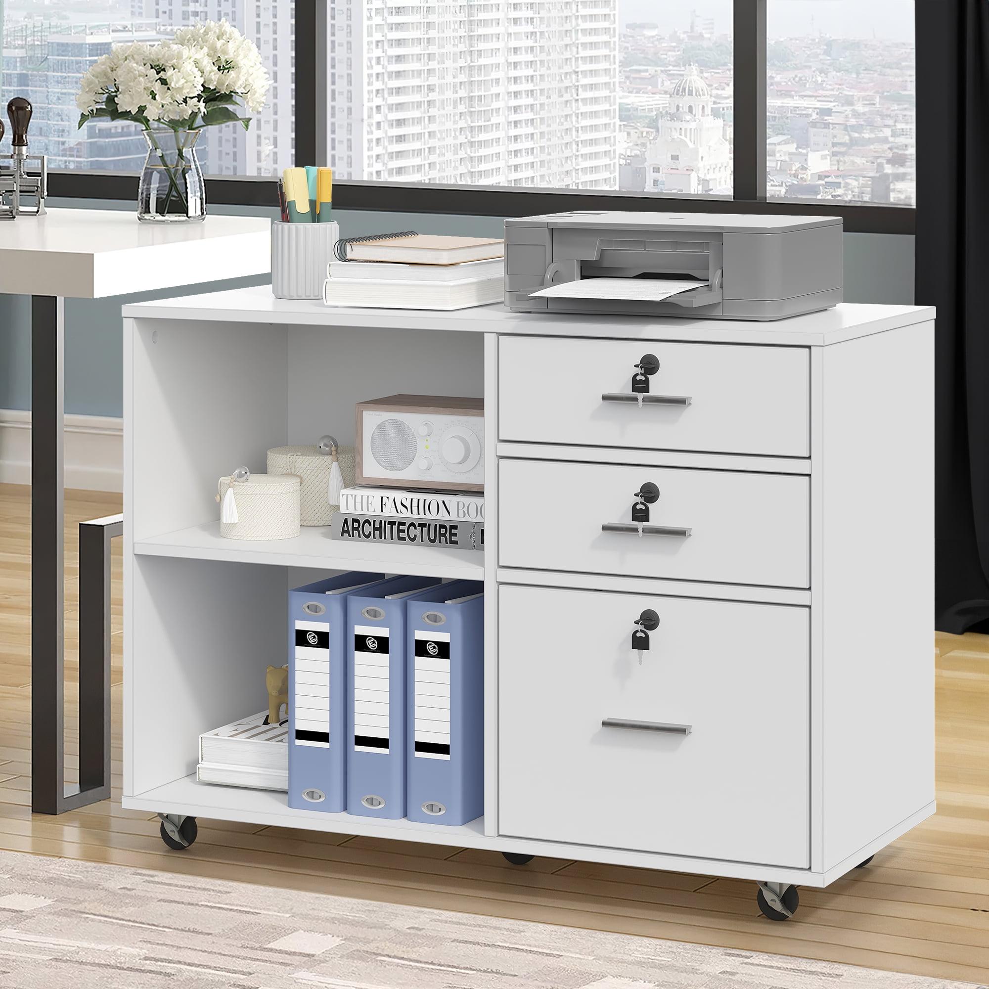 White 3-Drawer Mobile Lockable Lateral Filing Cabinet with Shelves