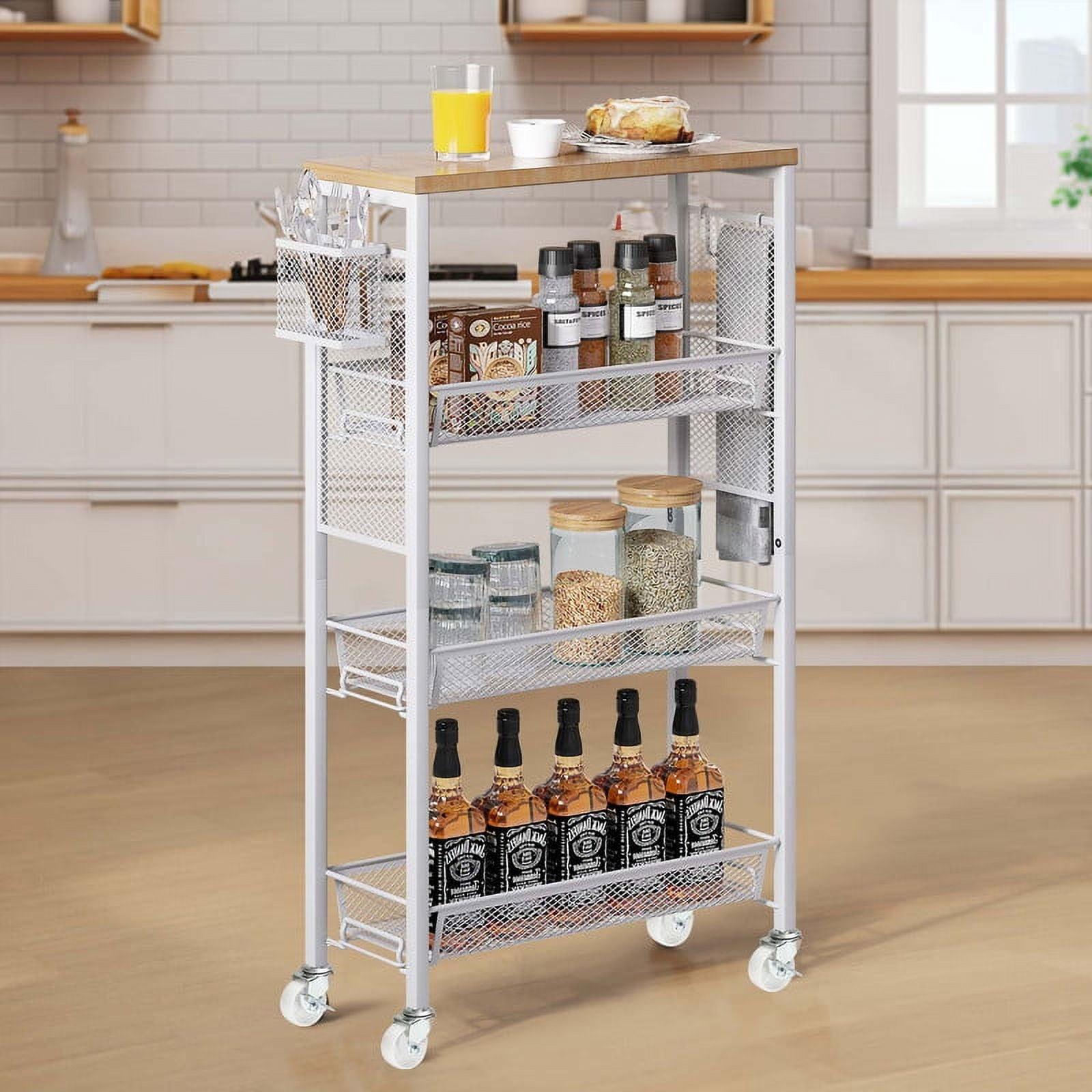 DWVO 4-Tier Slim Rolling Cart on Wheels, 34" Wooden Tabletop Kitchen Storage Organizer Cart with Wire Mesh Baskets, Slide-Out Storage Cart for Kitchen, Bathroom Living Room (White)
