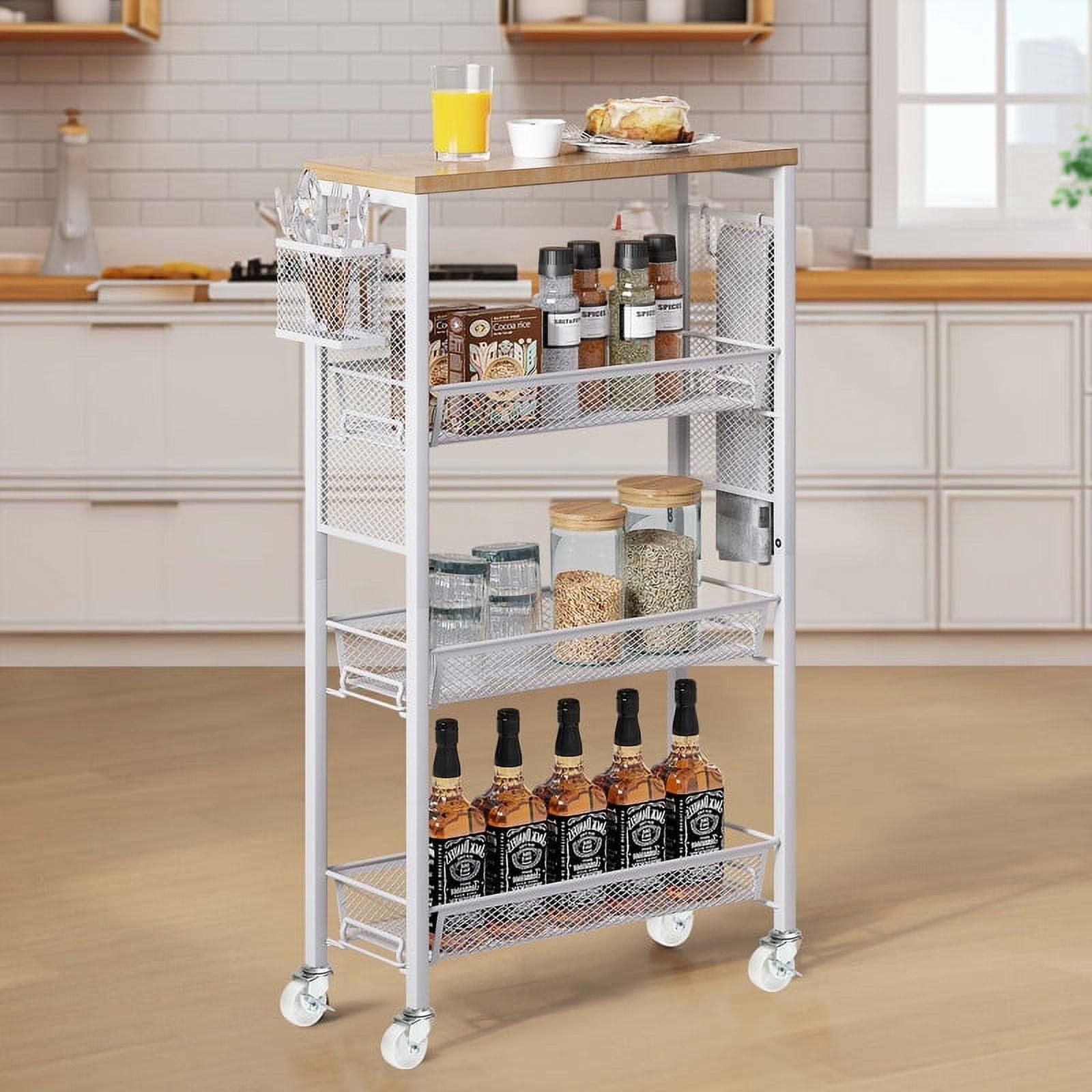 DWVO 4-Tier Slim Rolling Cart on Wheels, 34" Wooden Tabletop Kitchen Storage Organizer Cart with Wire Mesh Baskets, Slide-Out Storage Cart for Kitchen, Bathroom Living Room (White)