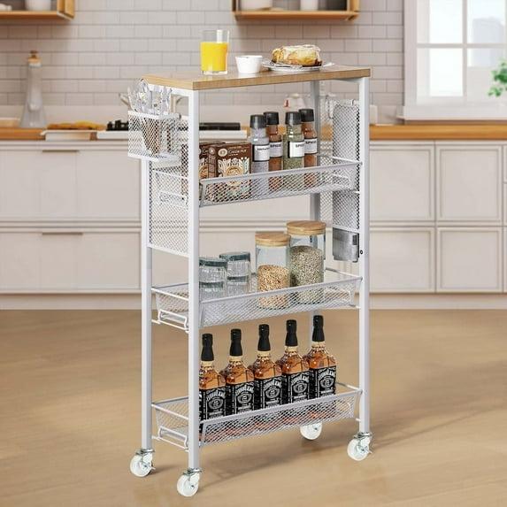 DWVO 4-Tier Slim Rolling Cart on Wheels, 34" Wooden Tabletop Kitchen Storage Organizer Cart with Wire Mesh Baskets, Slide-Out Storage Cart for Kitchen, Bathroom Living Room (White)