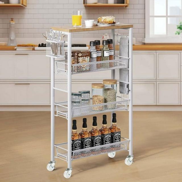 DWVO 4-Tier Slim Rolling Cart on Wheels, 34" Wooden Tabletop Kitchen Storage Organizer Cart with Wire Mesh Baskets, Slide-Out Storage Cart for Kitchen, Bathroom Living Room (White)