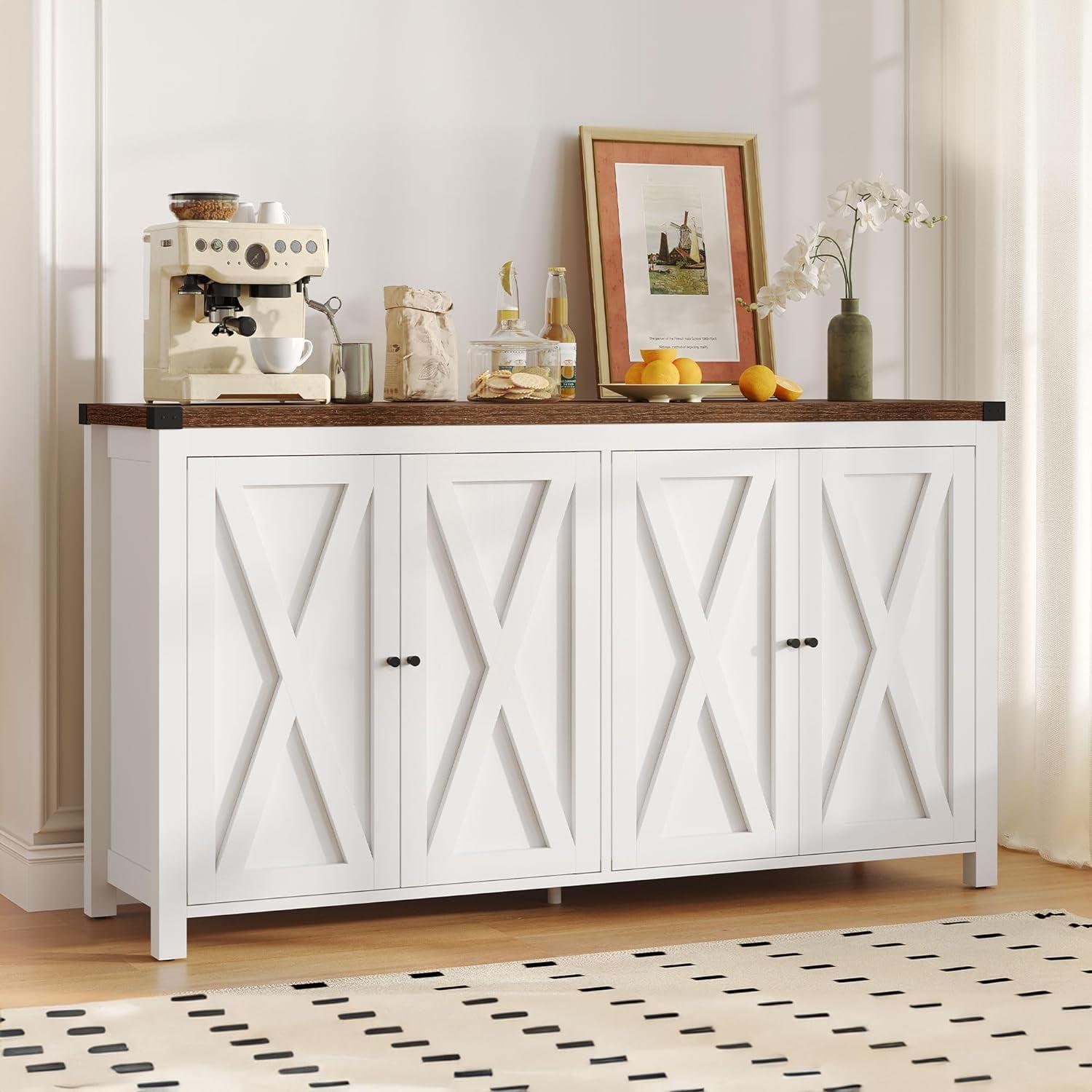 55'' White Brown Farmhouse Wood Sideboard Buffet Cabinet