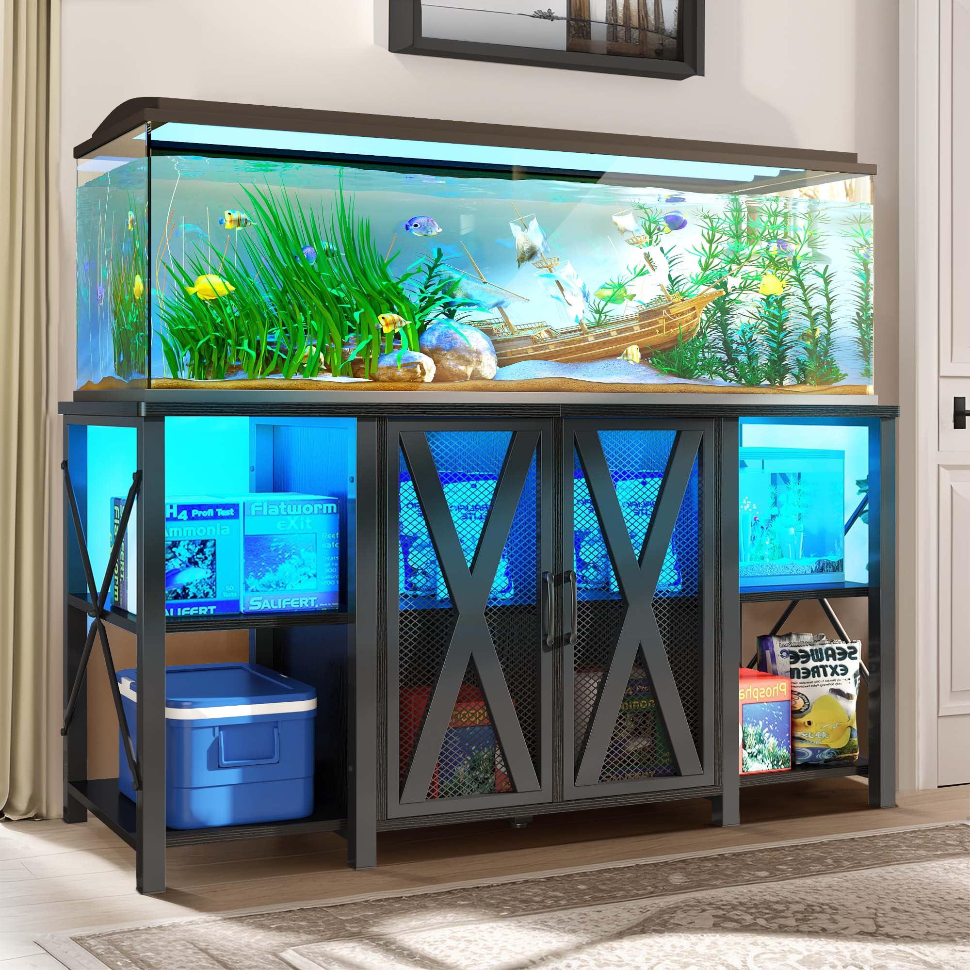 Black Heavy-Duty Metal Aquarium Stand with LED Light and Storage