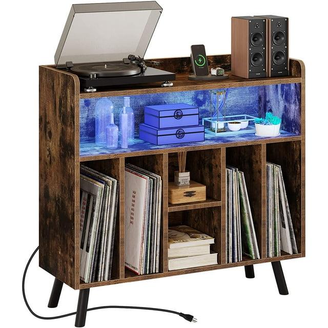 Moasis Large Record Player Stand with Power Outlets and LED Lights Turntable Stand Brown